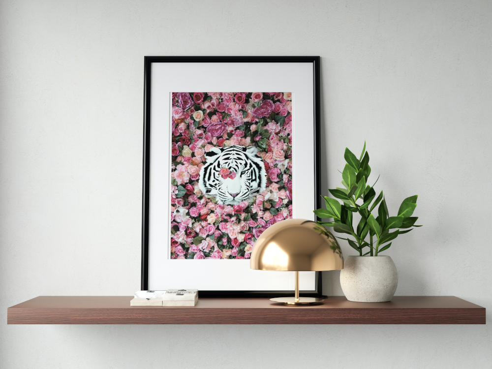White Tiger Around Pink Roses Poster INSTANT DOWNLOAD Art Print, Glam Decor, Luxury Fashion Poster, White Tiger Poster, Pink Aesthetic Posters - AlloFlare