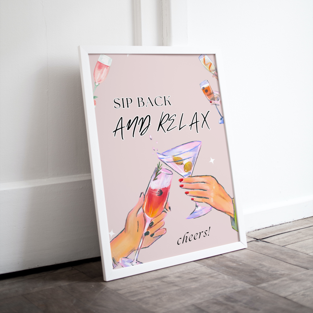 Sip Back and Relax Cocktail Poster PRINTABLE ART, College Dorm Posters, Preppy Wall Art, Bar Cart Art, Classy Academia Aesthetic, Light Pink Wall Art - AlloFlare