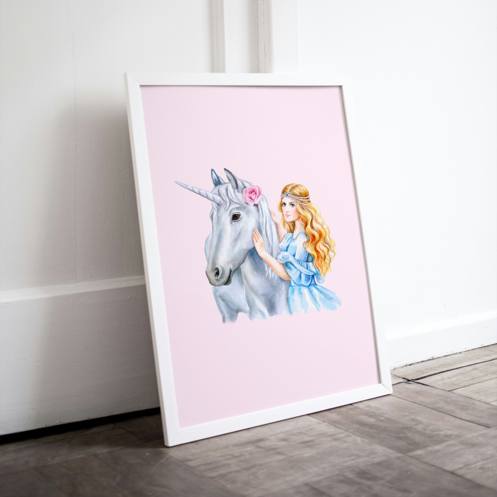 Princess and Unicorn Poster PRINTABLE ART, Light Pink Wall Art, Girls Room Wall Decor, Children Poster, Princess Art, Unicorn Wall Art