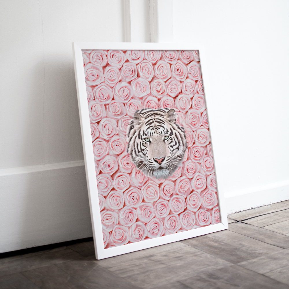 Tiger Around Pink Roses Wall Art INSTANT DOWNLOAD Art Print, Glam Decor, Luxury Fashion Poster, White Tiger Wall Art, Pink Rose Wall Art - AlloFlare