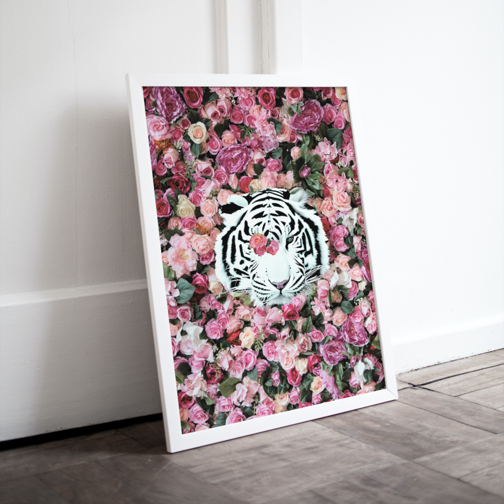 White Tiger Around Pink Roses Poster INSTANT DOWNLOAD Art Print, Glam Decor, Luxury Fashion Poster, White Tiger Poster, Pink Aesthetic Posters - AlloFlare