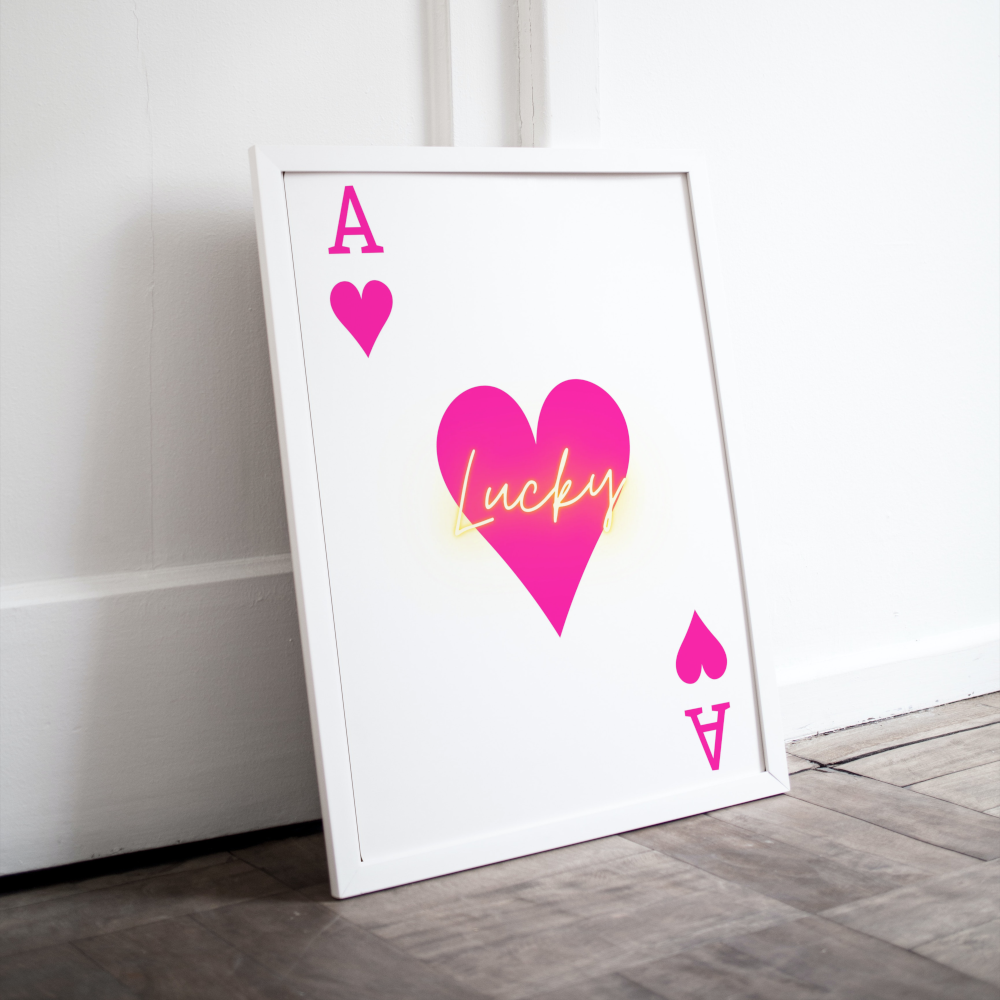 Lucky Ace of Hearts Pink Wall Art INSTANT DOWNLOAD Art Print, Playing Card Poster, neon wall art, preppy room decor, bright pink - AlloFlare