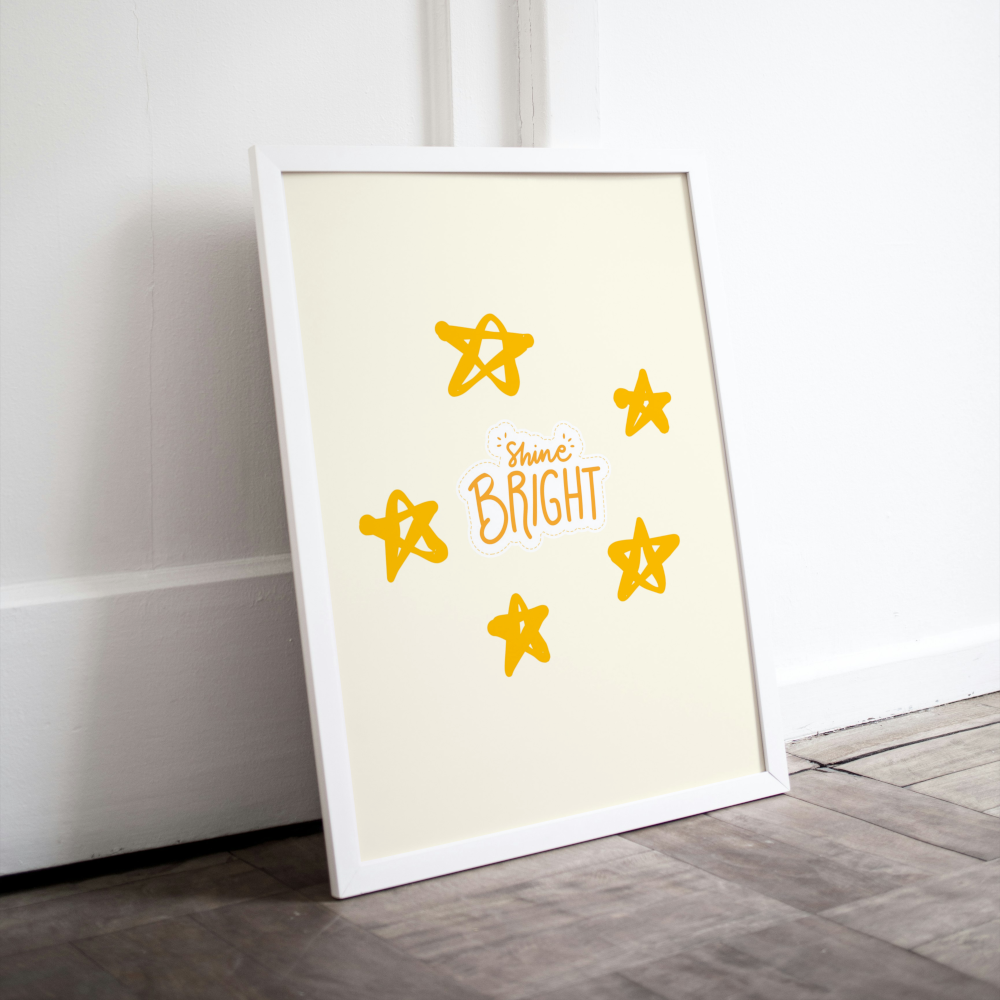 Nursery Shine Bright Stars Poster PRINTABLE ART, Yellow Wall Art, Children Poster, Nursery Room Wall Decor, Pastel Decor