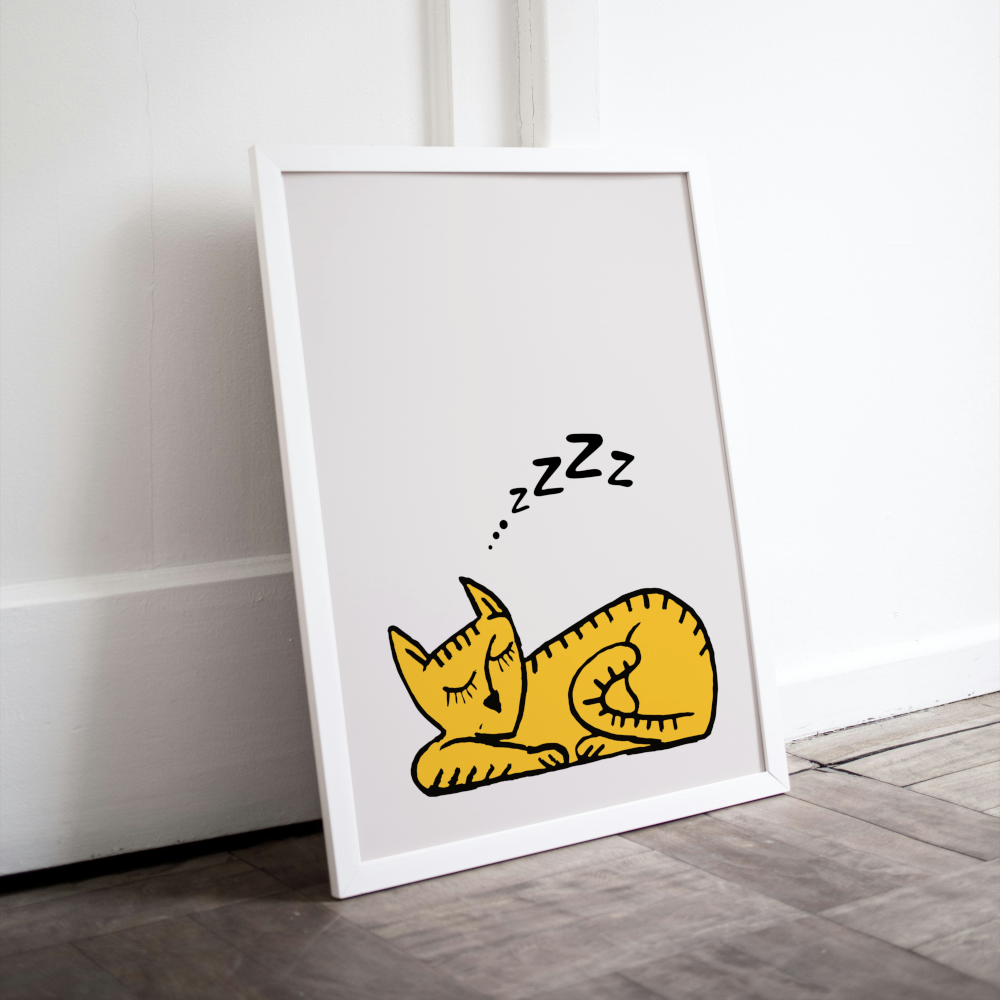 Sleeping Cat Wall Art PRINTABLE ART, Cat Artwork, Alternative Home Decor, Animal Poster, Minimalist Eclectic Decor, Beige Yellow Wall Art - AlloFlare