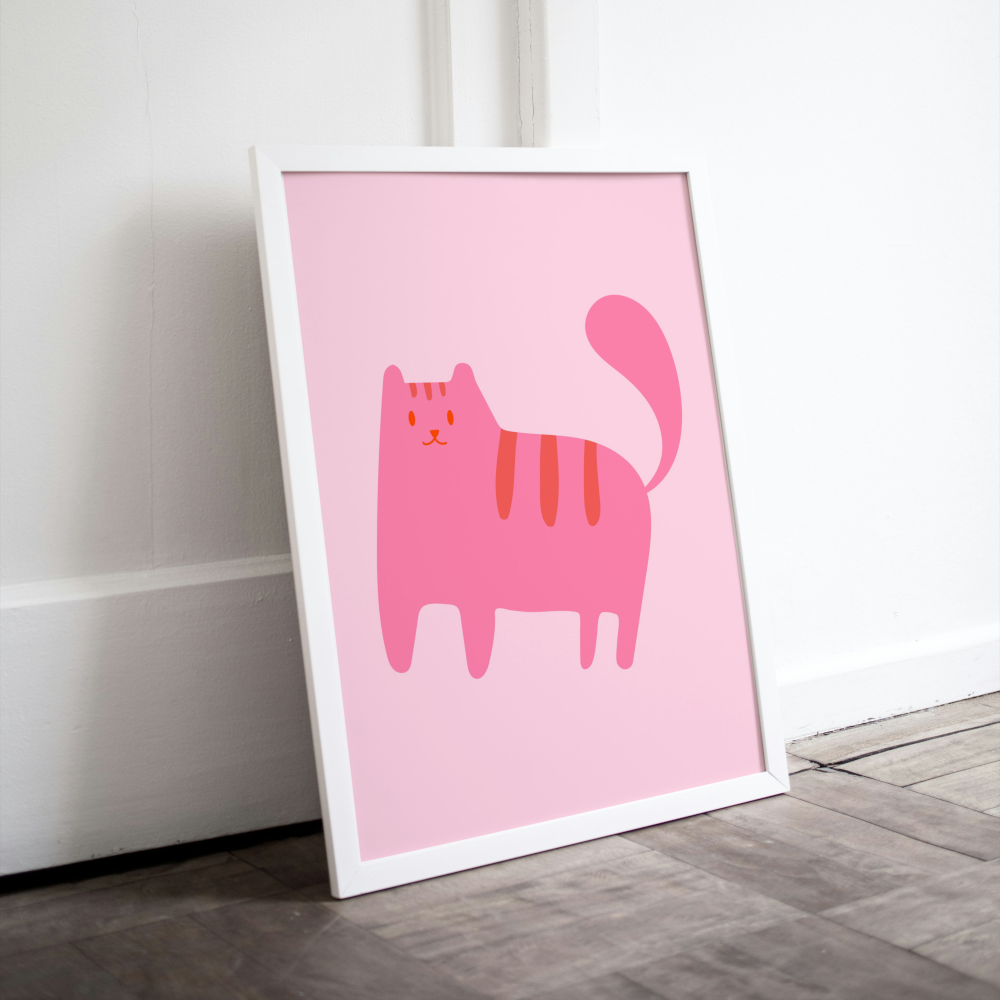 Nursery Pink Cat Poster PRINTABLE ART, Cat Drawing, Pink Wall Art, Children Poster, Nursery Decor Wall Art, Cat Print