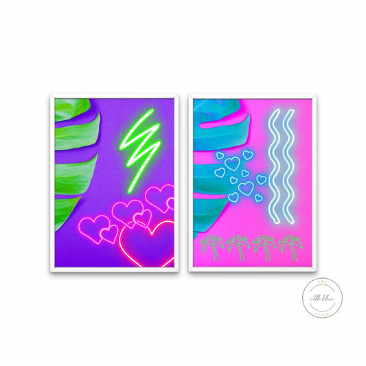 Preppy Neon Prints Set of 2 DIGITAL DOWNLOAD, Bright Colorful Prints, Tropical Warm Patterns, Preppy Colorful Pink Wall Art, Neon Lights | Posters, Prints, & Visual Artwork | aesthetic preppy room decor, art for bedroom, art ideas for bedroom walls, art printables, banana leaf print, banana leaf wall art, bathroom wall art printables, bedroom art, bedroom pictures, bedroom wall art, bedroom wall art ideas, bedroom wall painting, buy digital art prints online, buy digital prints online, canvas wall art for l