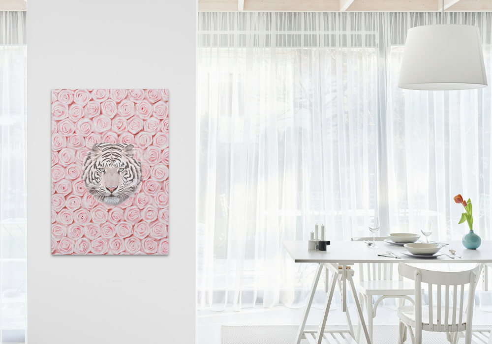 Tiger Around Pink Roses Wall Art INSTANT DOWNLOAD Art Print, Glam Decor, Luxury Fashion Poster, White Tiger Wall Art, Pink Rose Wall Art - AlloFlare