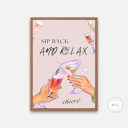 Sip Back and Relax Cocktail Poster PRINTABLE ART, College Dorm Posters, Preppy Wall Art, Bar Cart Art, Classy Academia Aesthetic, Light Pink Wall Art - AlloFlare