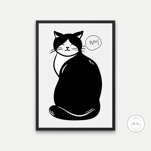 Black & White Purr Cat Artwork INSTANT DOWNLOAD Art Print, Cute Cat Poster, Gift Ideas For a Cat Lover, Avant-Garde Wall Art - AlloFlare