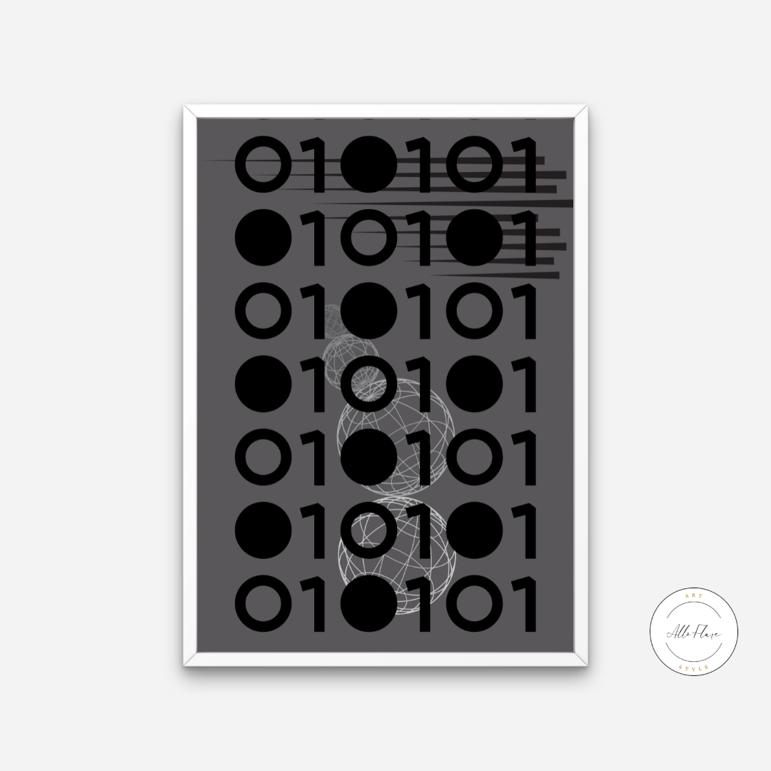 0101 Computer Science Poster PRINTABLE WALL ART, Abstract Geometric Wall Art, Futuristic Decor, Gray Black and White Prints, avant garde, Coder Gift - AlloFlare