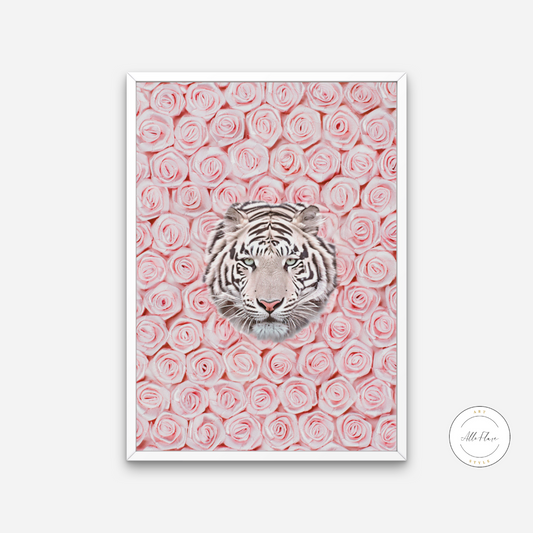 Tiger Around Pink Roses Wall Art INSTANT DOWNLOAD Art Print, Glam Decor, Luxury Fashion Poster, White Tiger Wall Art, Pink Rose Wall Art - AlloFlare