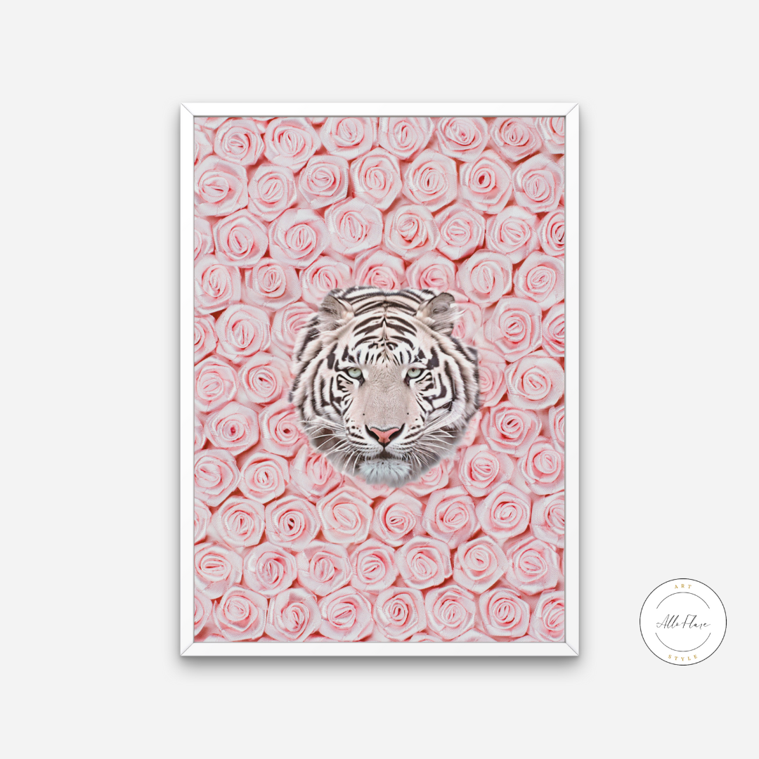 Tiger Around Pink Roses Wall Art INSTANT DOWNLOAD Art Print, Glam Decor, Luxury Fashion Poster, White Tiger Wall Art, Pink Rose Wall Art - AlloFlare