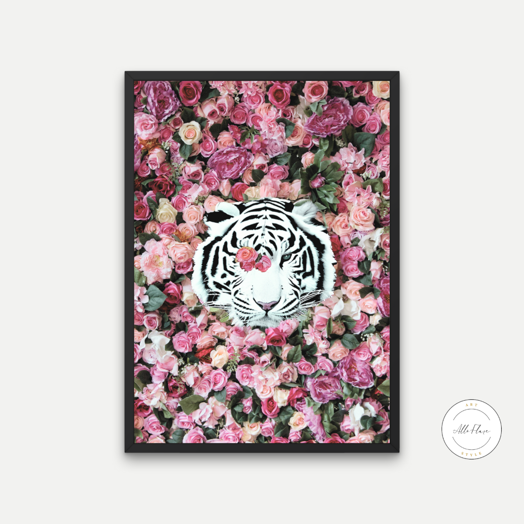 White Tiger Around Pink Roses Poster INSTANT DOWNLOAD Art Print, Glam Decor, Luxury Fashion Poster, White Tiger Poster, Pink Aesthetic Posters - AlloFlare