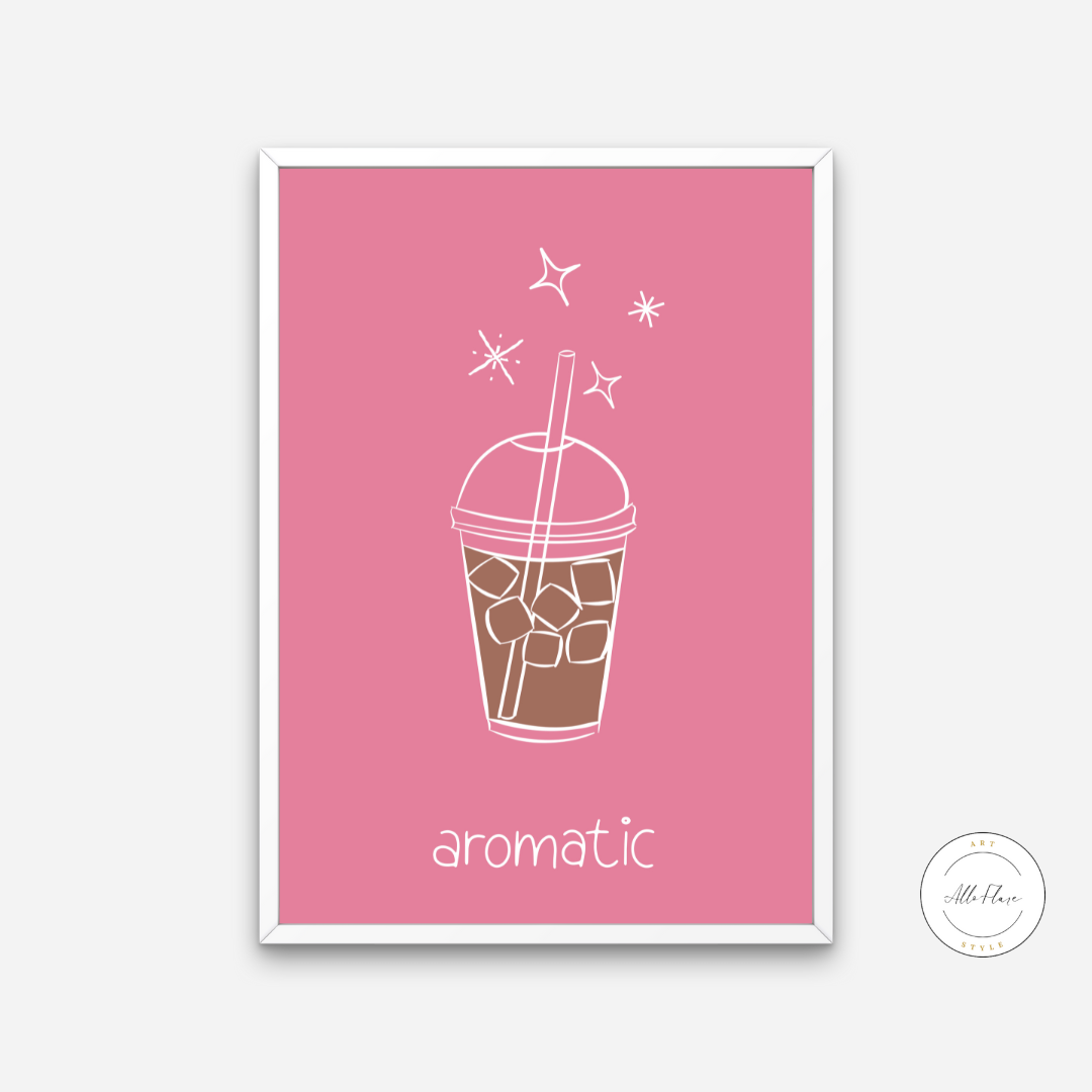 Aromatic Iced Coffee Poster PRINTABLE ART, Pink Wall Art, Coffee Wall Art, Preppy Room Decor, Coffee Cup Drawing - AlloFlare