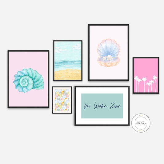 No Wake Zone Pastel Coastal Gallery Wall Set Of 6 PRINTABLE ART, Pastel Room Decor, Coastal Print Set, Seashell Wall Art, Palm Tree Print