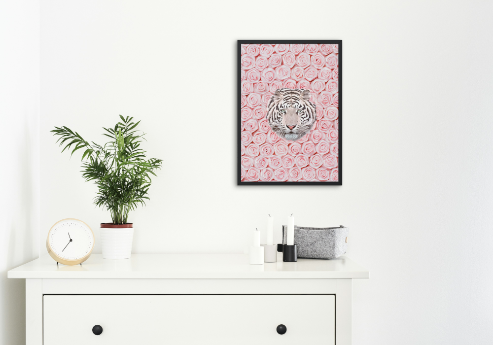 Tiger Around Pink Roses Wall Art INSTANT DOWNLOAD Art Print, Glam Decor, Luxury Fashion Poster, White Tiger Wall Art, Pink Rose Wall Art - AlloFlare