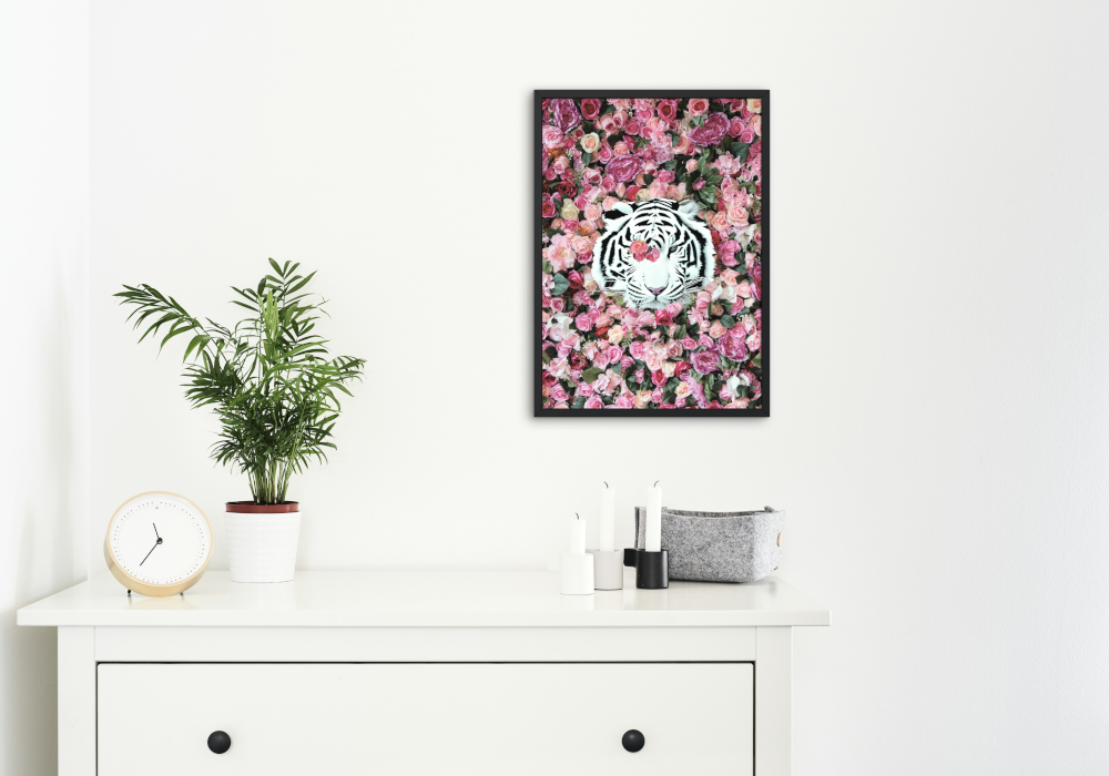 White Tiger Around Pink Roses Poster INSTANT DOWNLOAD Art Print, Glam Decor, Luxury Fashion Poster, White Tiger Poster, Pink Aesthetic Posters - AlloFlare