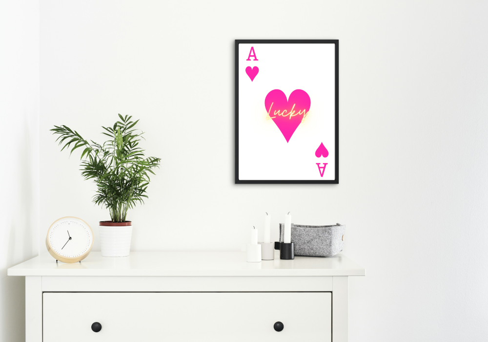 Lucky Ace of Hearts Pink Wall Art INSTANT DOWNLOAD Art Print, Playing Card Poster, neon wall art, preppy room decor, bright pink - AlloFlare