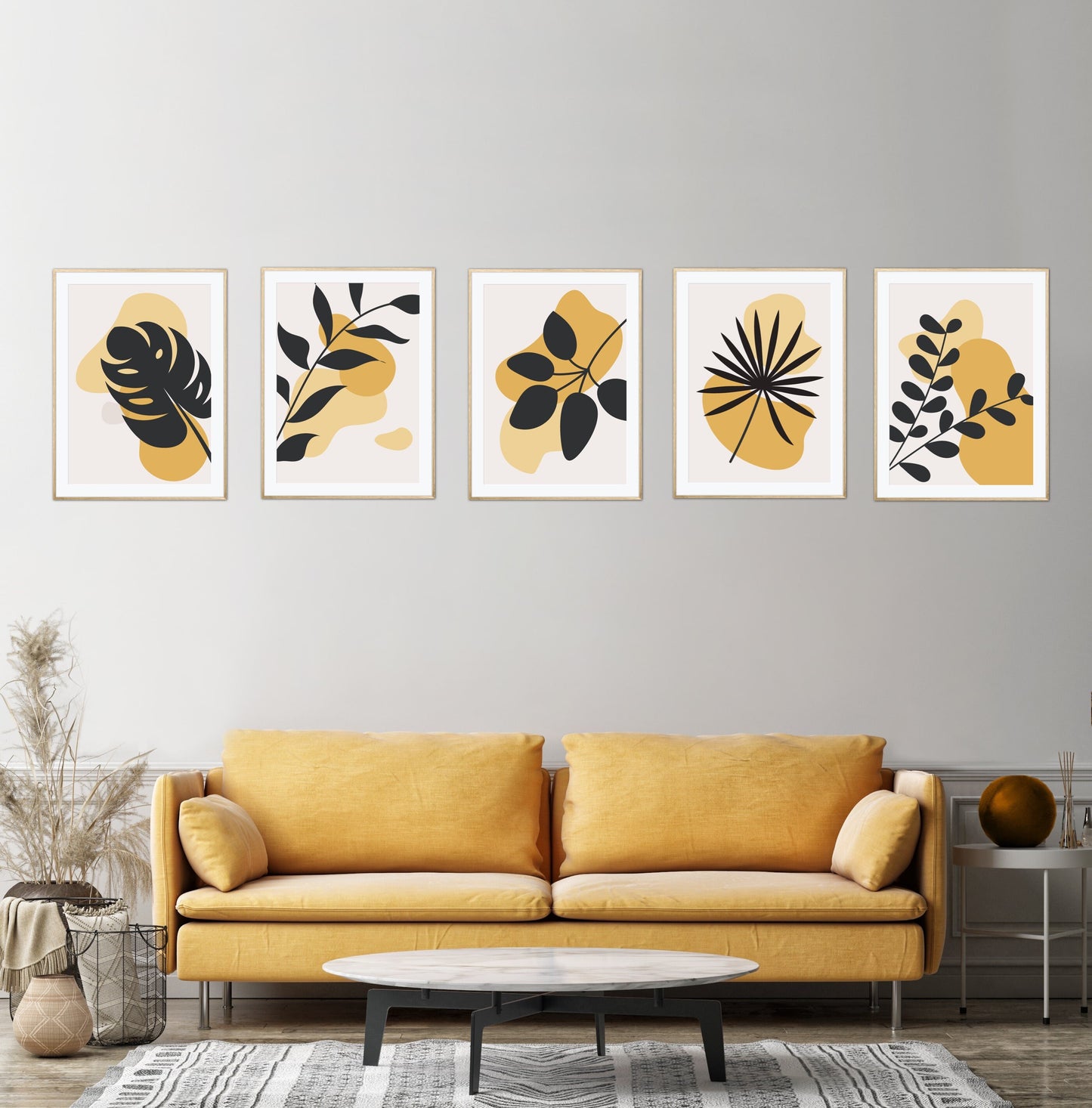Yellow Wall Art Set of 5 DIGITAL PRINTS, Botanical art set, Abstract art, boho wall gallery décor, Mid Century Wall Art, simple neutral art