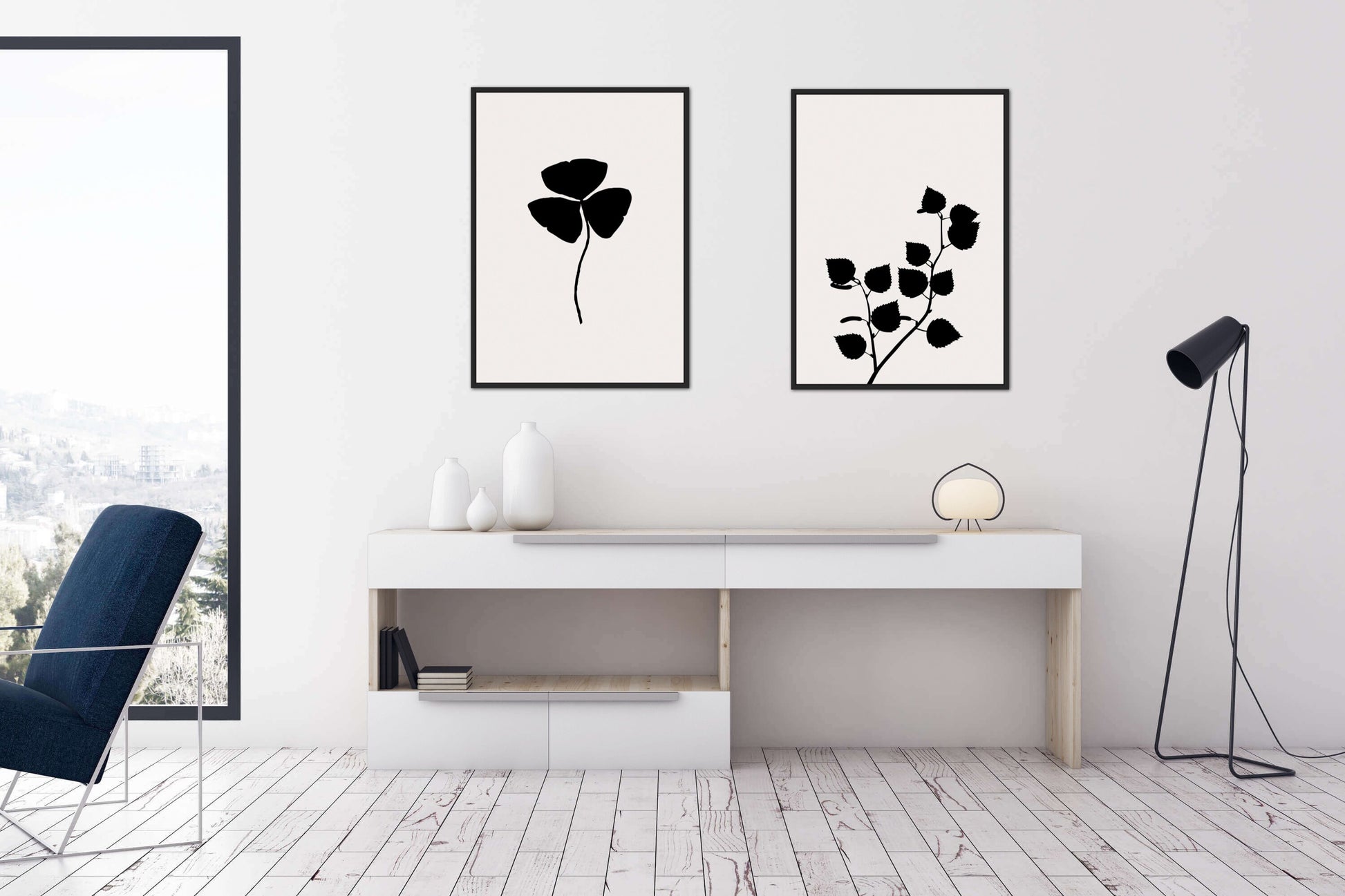 Minimalist floral wall art set of 7 DIGITAL PRINTS, mountain deer, black & white artwork Botanical Minimalistic wall gallery, country decor