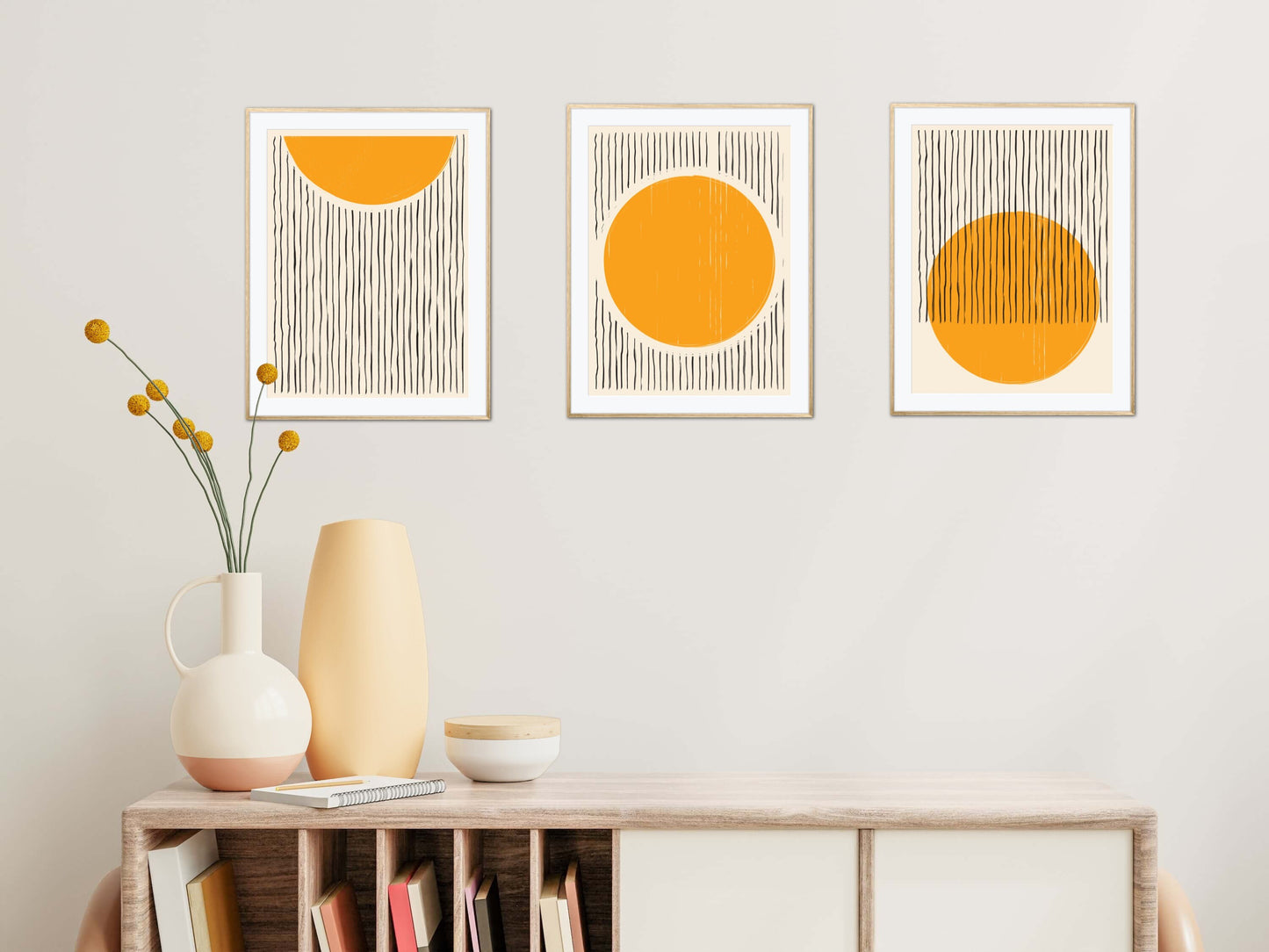 Abstract Boho Yellow Prints set of 3 PRINTABLE ART, boho poster set, Yellow Circles, sunshine print, 1920s style Instant Download set of 3