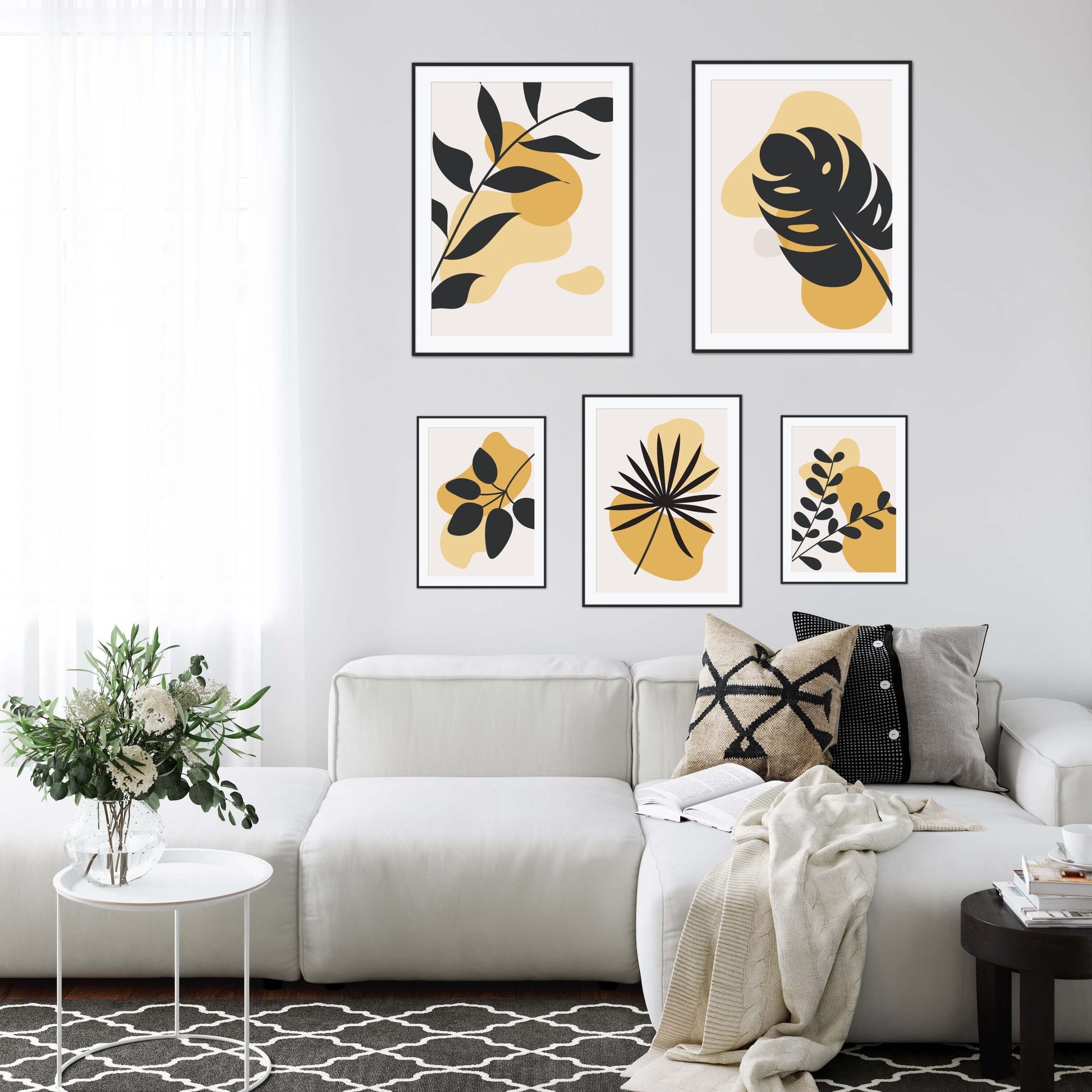 Yellow Wall Art Set of 5 DIGITAL PRINTS, Botanical art set, Abstract art, boho wall gallery décor, Mid Century Wall Art, simple neutral art