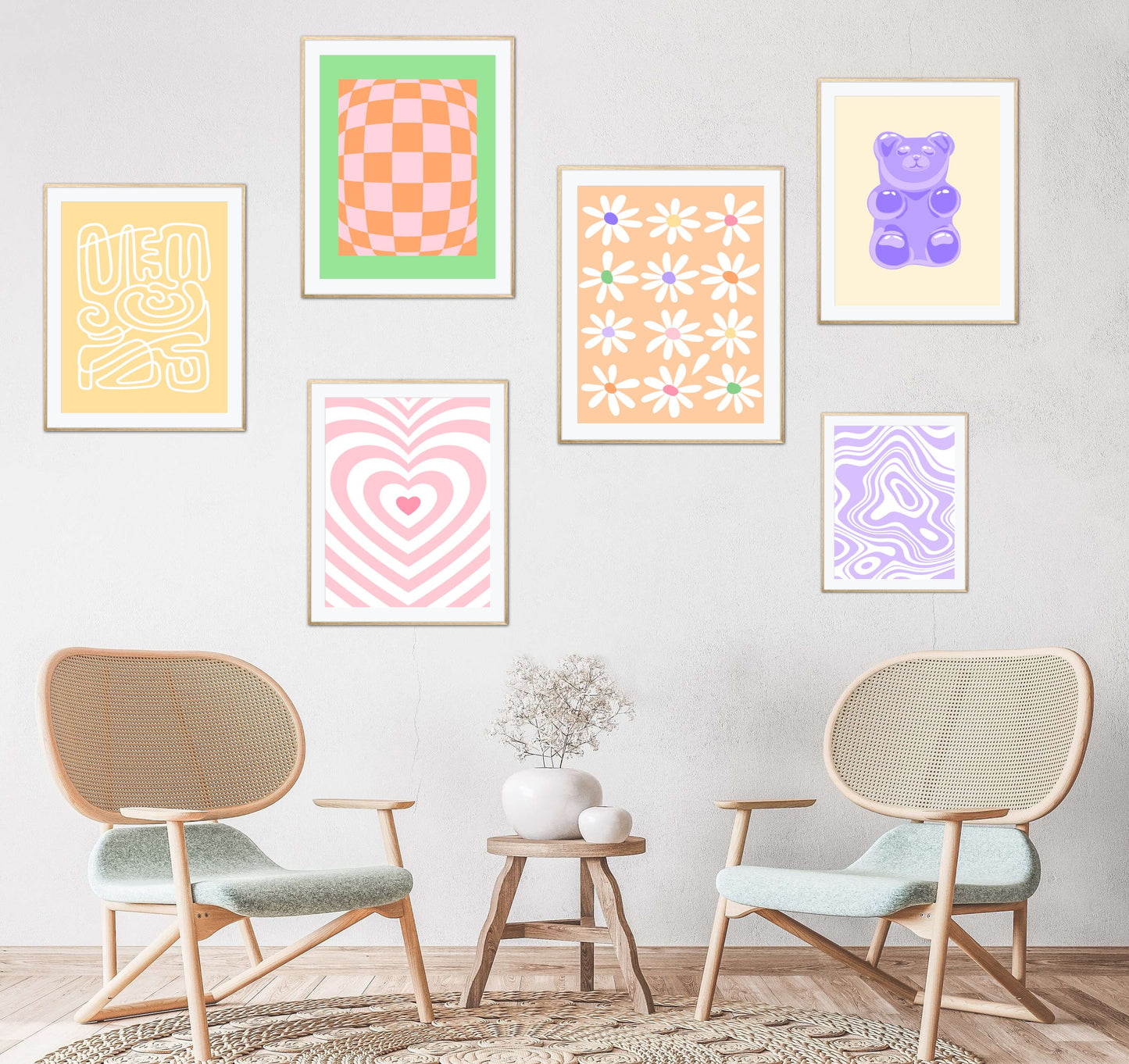 Printable wall art trendy colorful Set of 6 INSTANT DOWNLOAD, preppy dorm décor, abstract trippy art, preppy posters, y2k room décor
