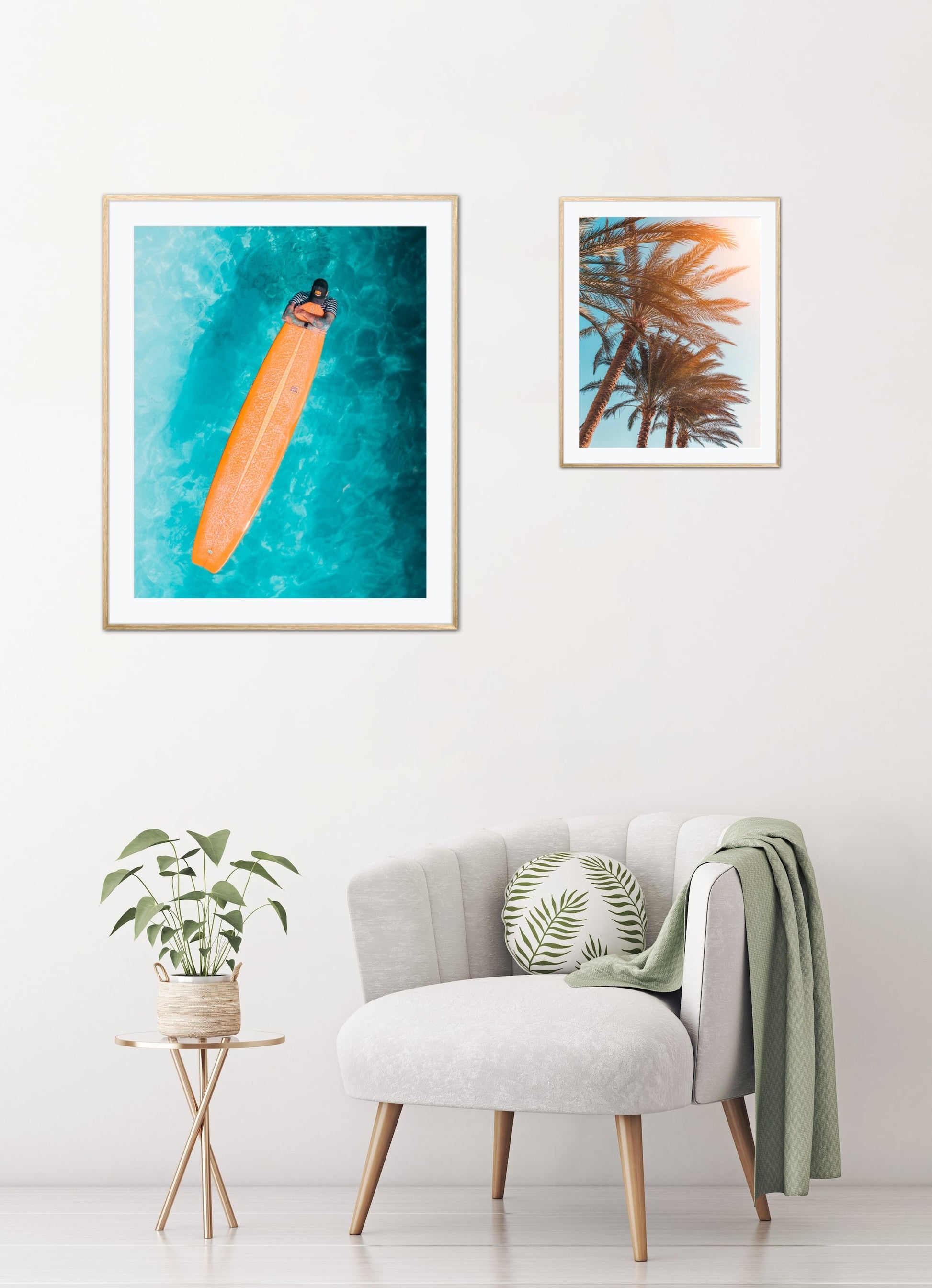 Surf poster set of two DIGITAL DOWNLOAD, burnt orange prints, Coastal Art, palm tree print, surfboard print, surf wall art, coastal decor