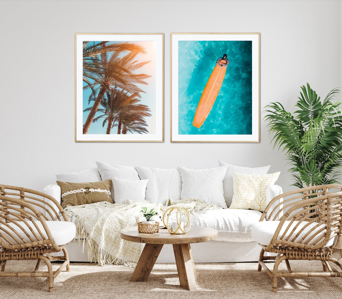 Surf poster set of two DIGITAL DOWNLOAD, burnt orange prints, Coastal Art, palm tree print, surfboard print, surf wall art, coastal decor
