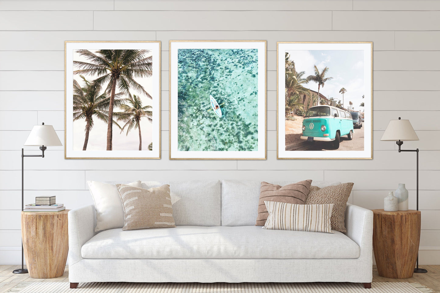 Pastel beach print set of three prints INSTANT DOWNLOAD, Aerial ocean print, Neutral beach print, Coastal artwork, Surf van palm print