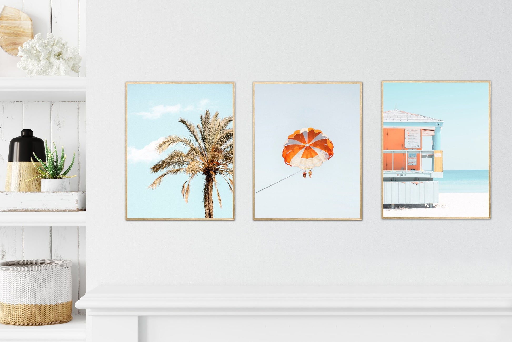 Set of three prints INSTANT DOWNLOAD, pastel beach print , palm tree print lifeguard, sky blue print set, coastal decor, coastal wall art