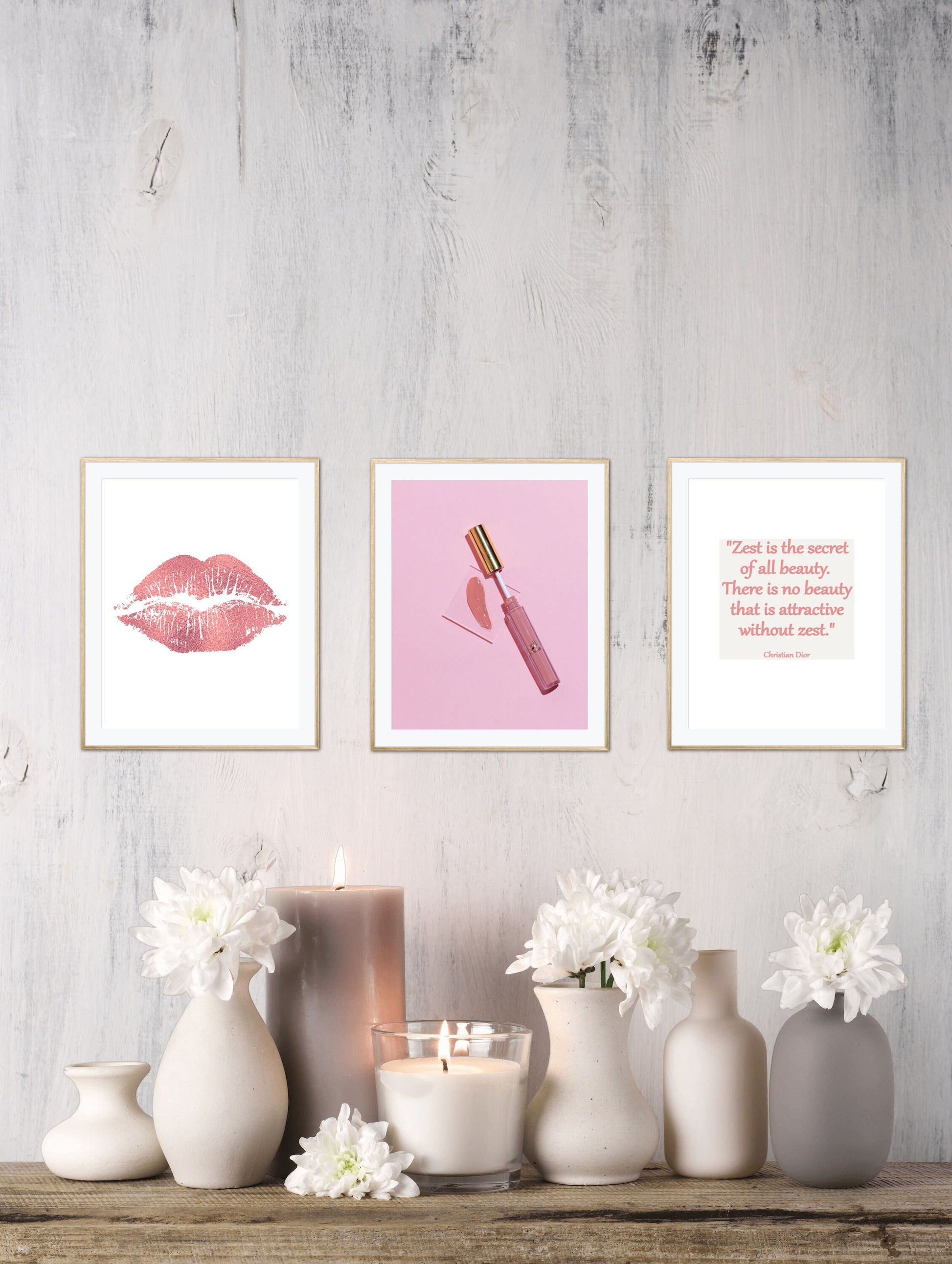 Light pink wall art Set of 3 DIGITAL PRINTS, feminine wall art, beauty room décor. makeup room decor, affirmation poster, glam decor, kiss