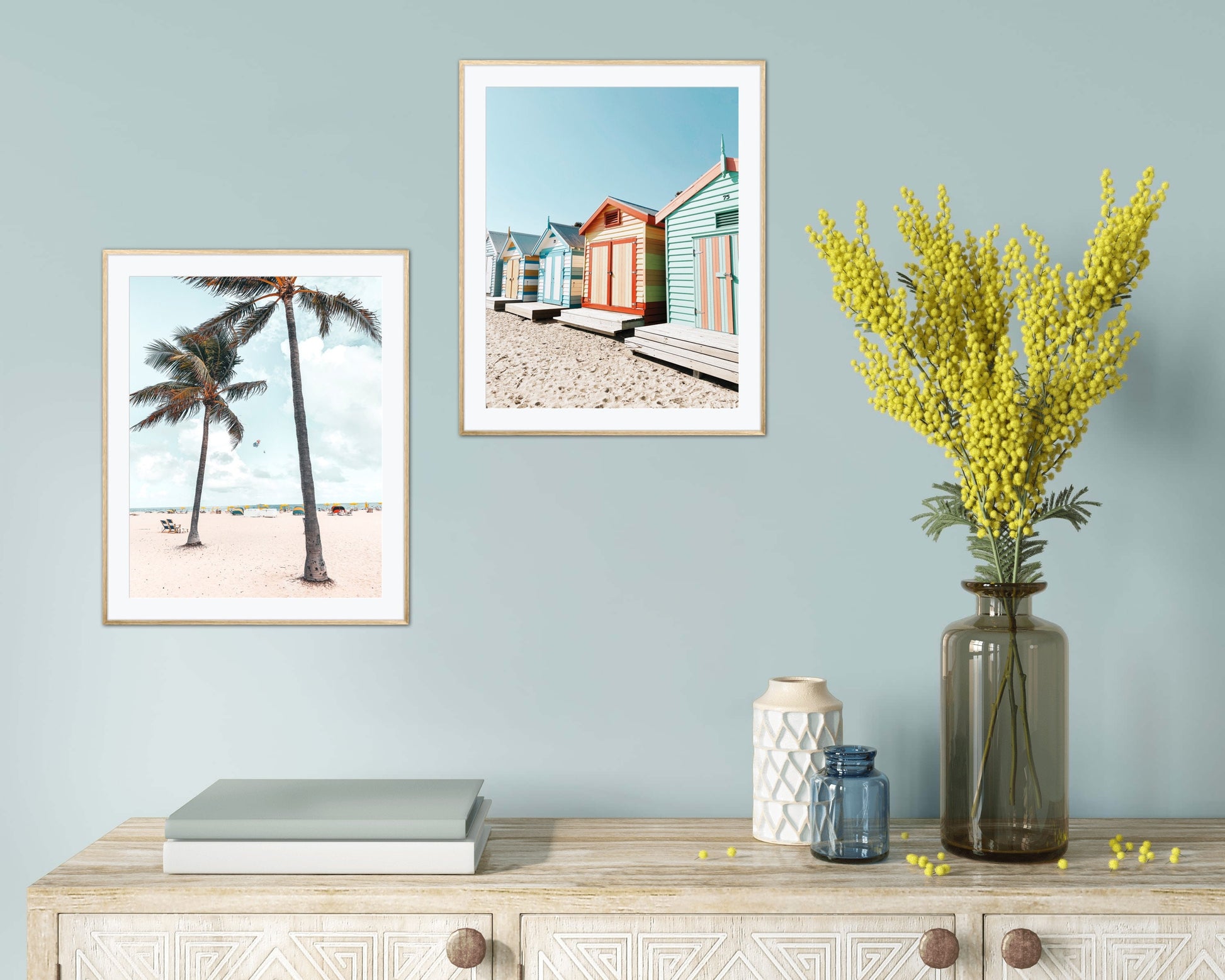 Pastel beach print set of 3 DIGITAL PRINTS, palm tree print, pastel blue wall art, seashell wall art, coastal decor, coastal wall art set