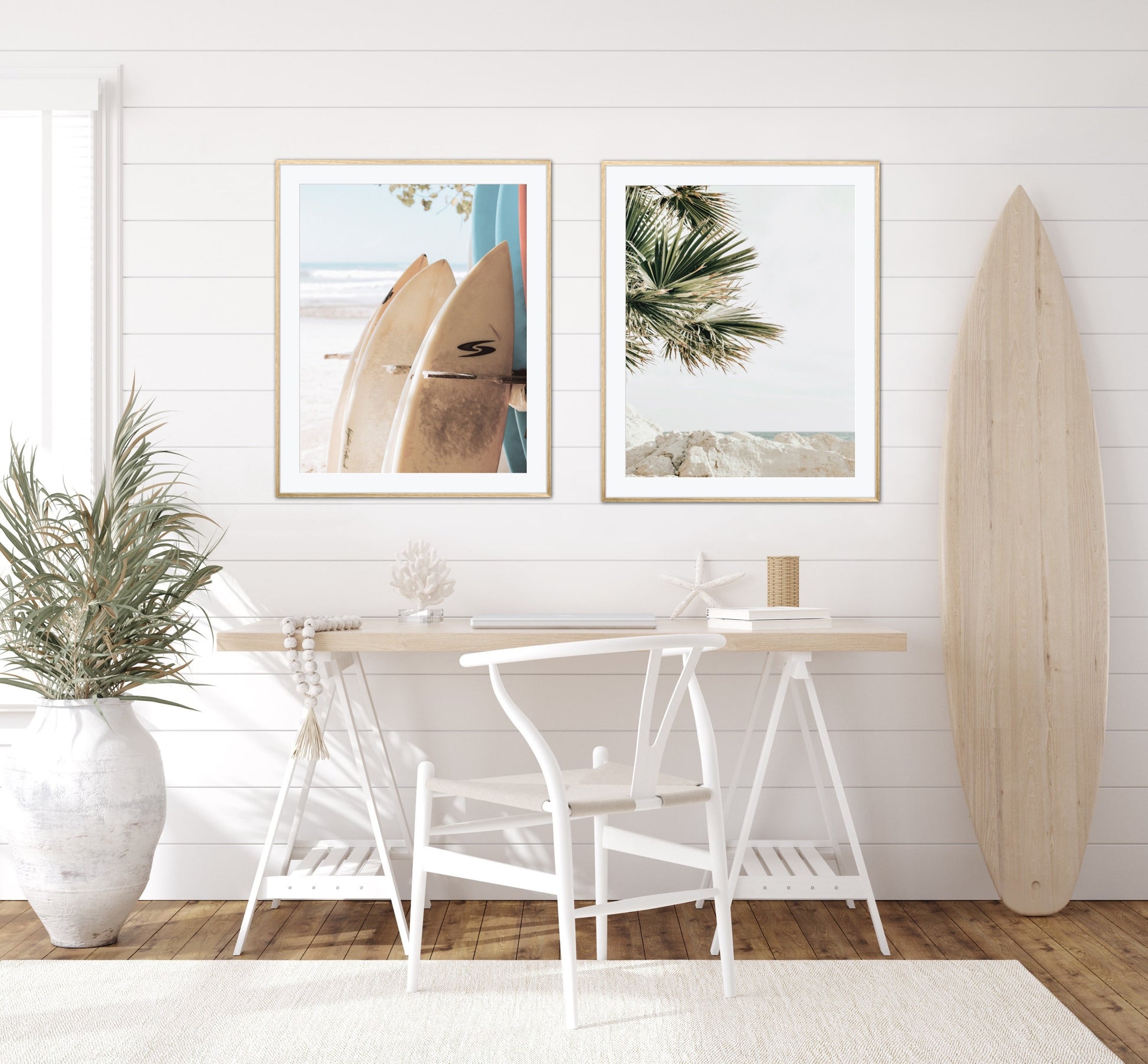 Set of 6 prints neutral coastal DIGITAL PRINTS, Coastal Art, palm print, surfboard print, beach picture, surfer room décor, surf art neutral