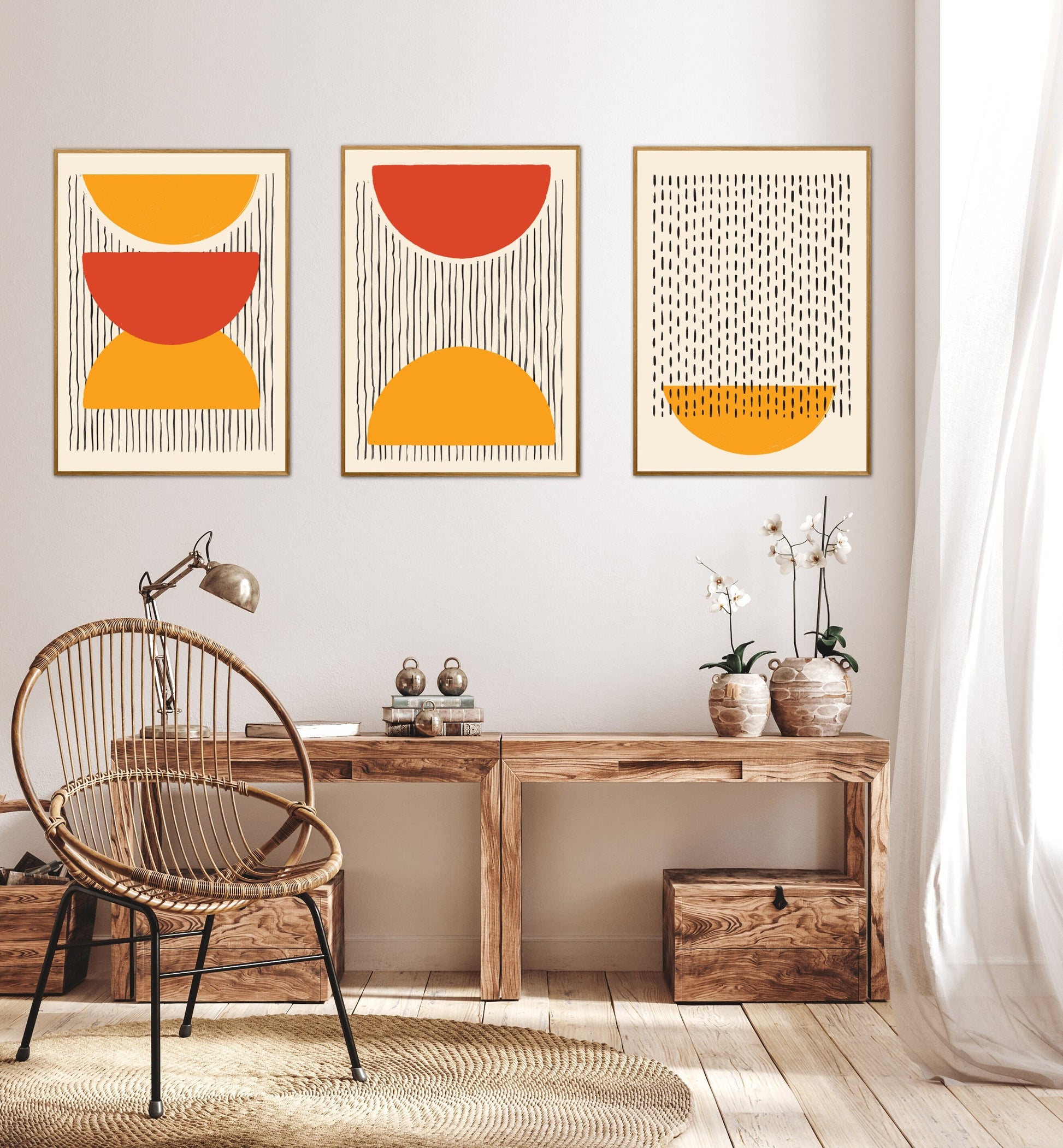 Art prints abstract set of 3 Boho Minimalist 20s Bauhaus Style INSTANT DOWNLOAD, Yellow Orange Semi Circles, boho wall décor, boho artwork