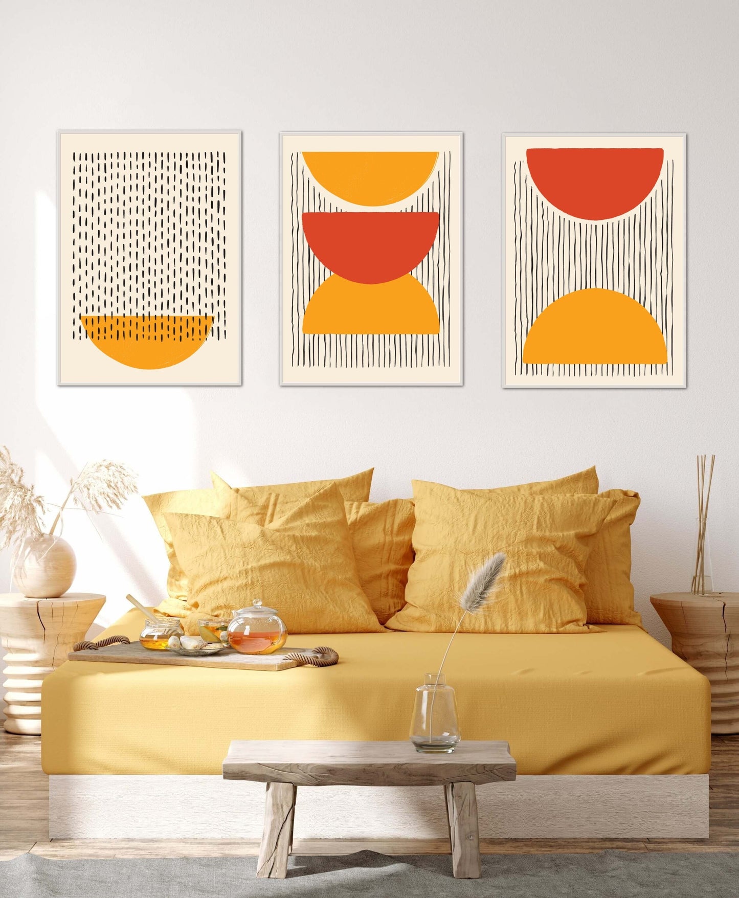 Art prints abstract set of 3 Boho Minimalist 20s Bauhaus Style INSTANT DOWNLOAD, Yellow Orange Semi Circles, boho wall décor, boho artwork