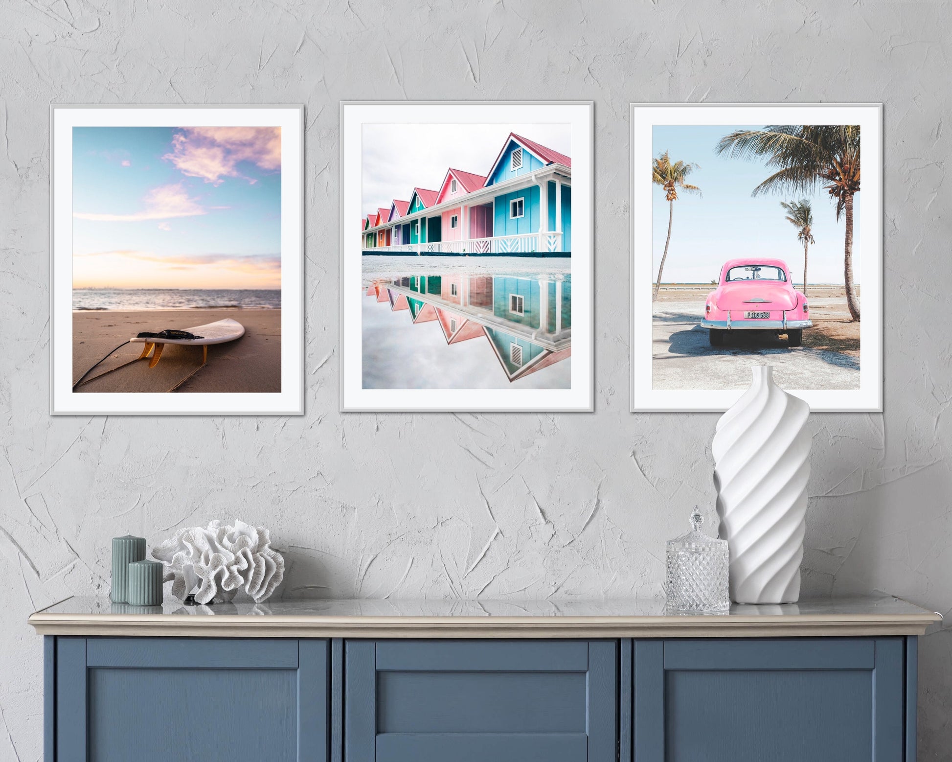 Beach print set of 3 tropical prints INSTANT DOWNLOAD, coastal wall art, pink blue beach wall art, surfboard print, surfing poster pastel