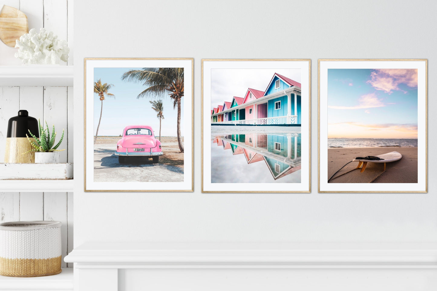 Beach print set of 3 tropical prints INSTANT DOWNLOAD, coastal wall art, pink blue beach wall art, surfboard print, surfing poster pastel