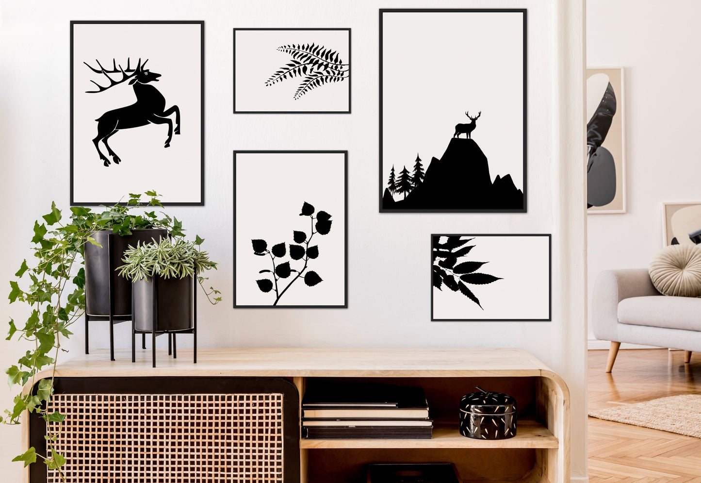 Minimalist floral wall art set of 7 DIGITAL PRINTS, mountain deer, black & white artwork Botanical Minimalistic wall gallery, country decor