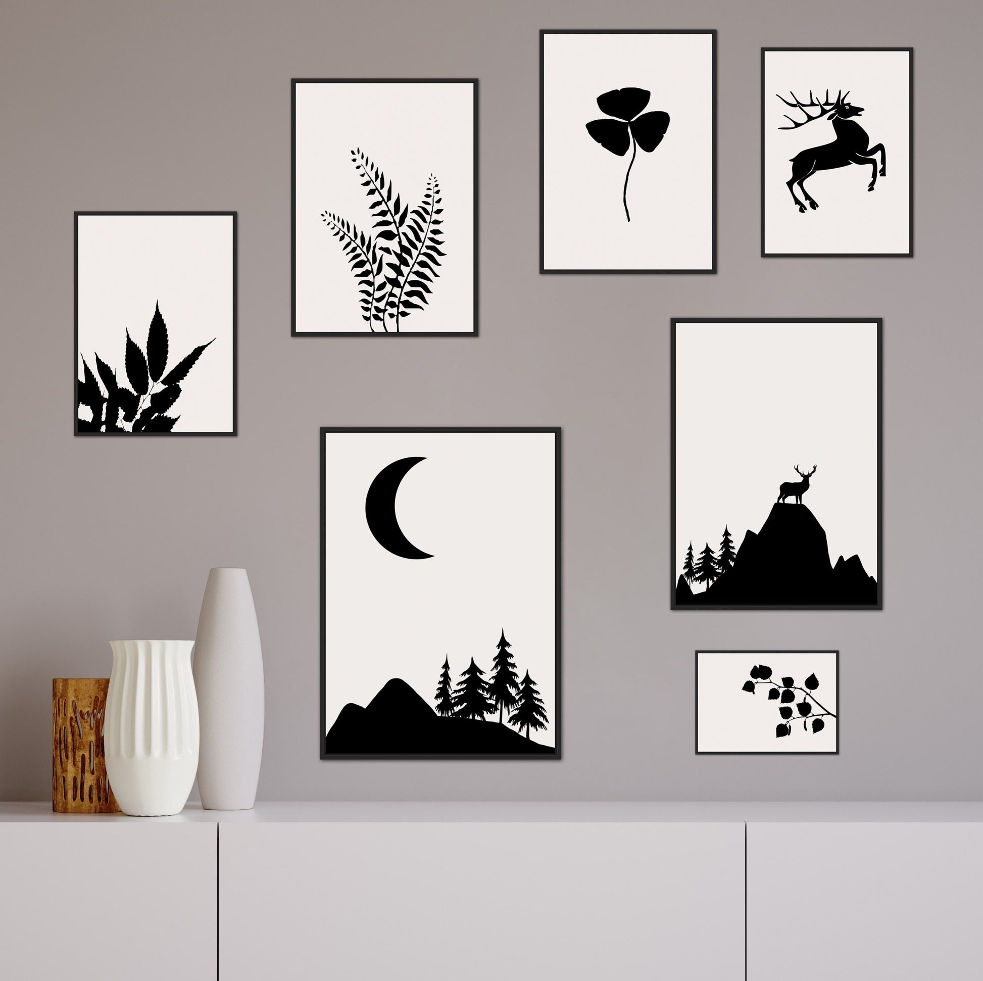 Minimalist floral wall art set of 7 DIGITAL PRINTS, mountain deer, black & white artwork Botanical Minimalistic wall gallery, country decor