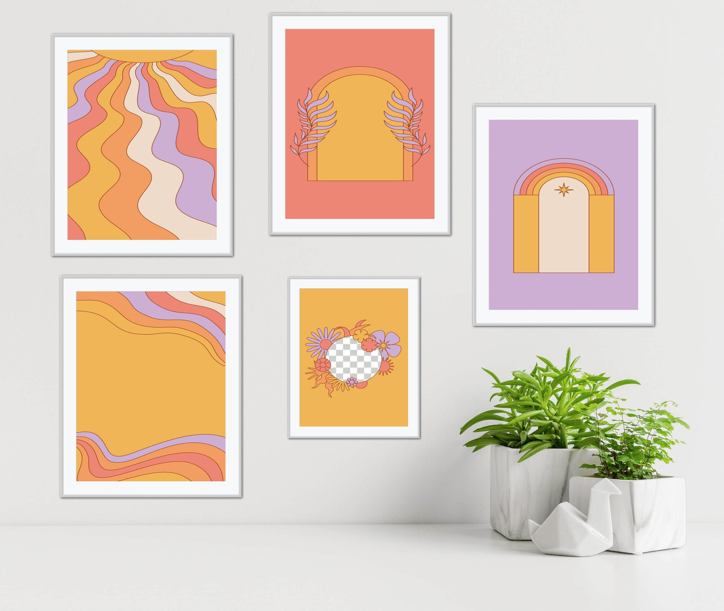 Boho hippie décor set of 5 INSTANT DOWNLOAD, hippie poster, flower power decor, colorful boho décor, orange purple Wall Art, groovy décor