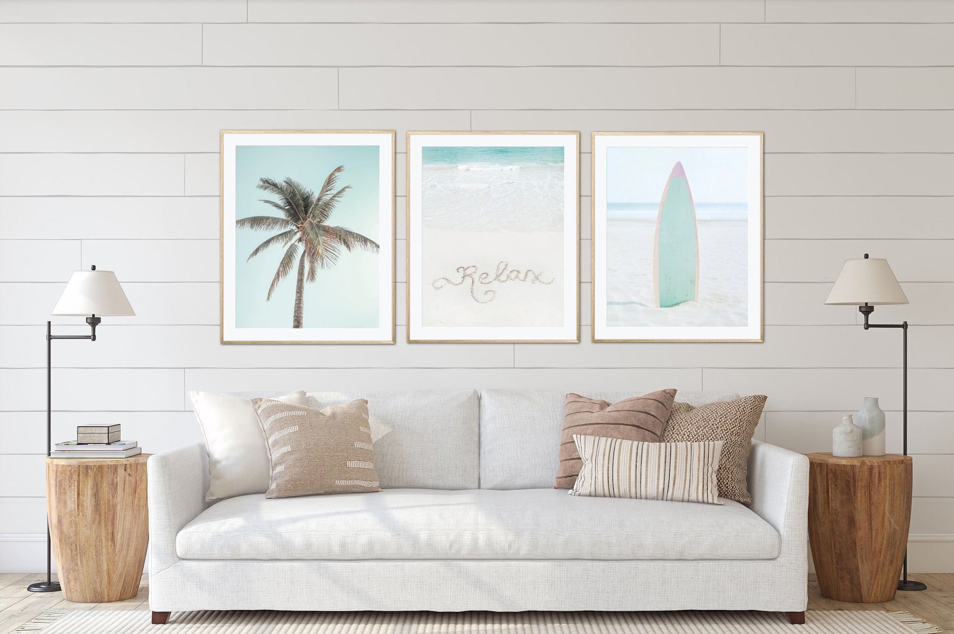 Surfer room décor set of 6 DIGITAL ART PRINTS, pastel beach print, coastal print set, Coastal Art, palm print, surfboard print, beach scene art