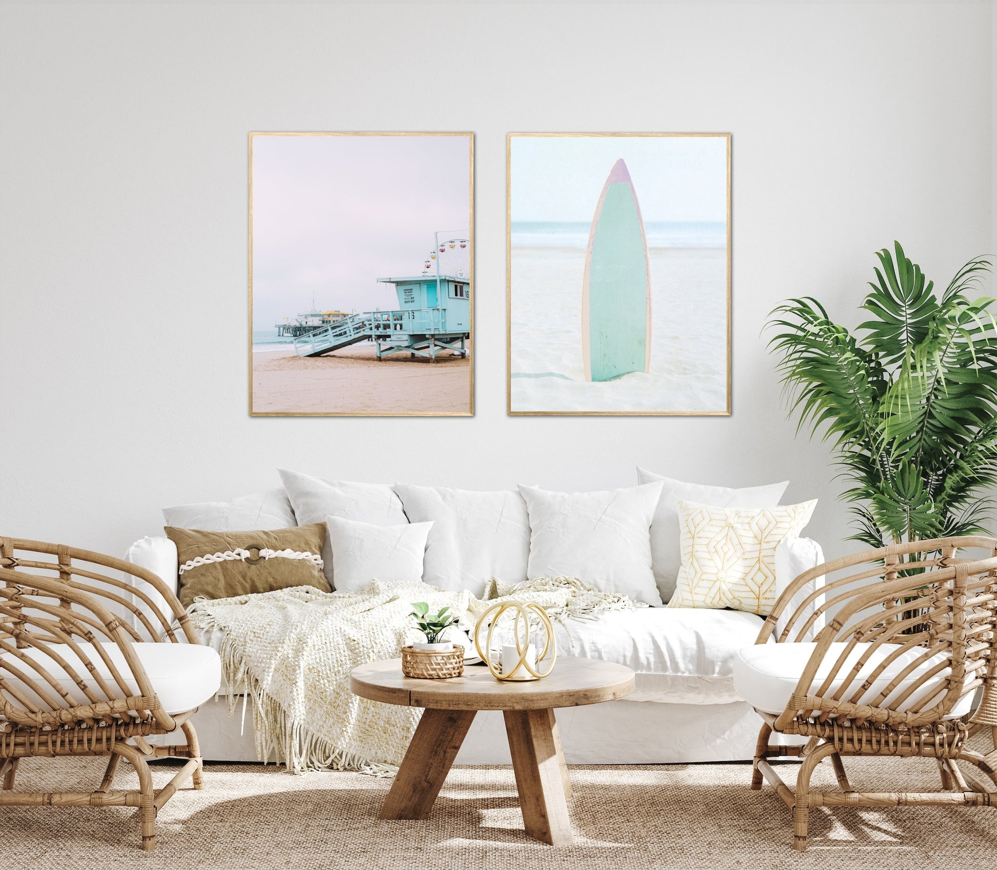 Surfer room décor set of 6 DIGITAL ART PRINTS, pastel beach print, coastal print set, Coastal Art, palm print, surfboard print, beach scene art