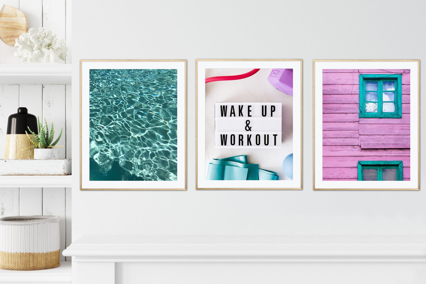 Workout PRINTABLE Set of three prints, workout prints, sports artwork, lavender wall art, turquoise gym weights, windows water poster