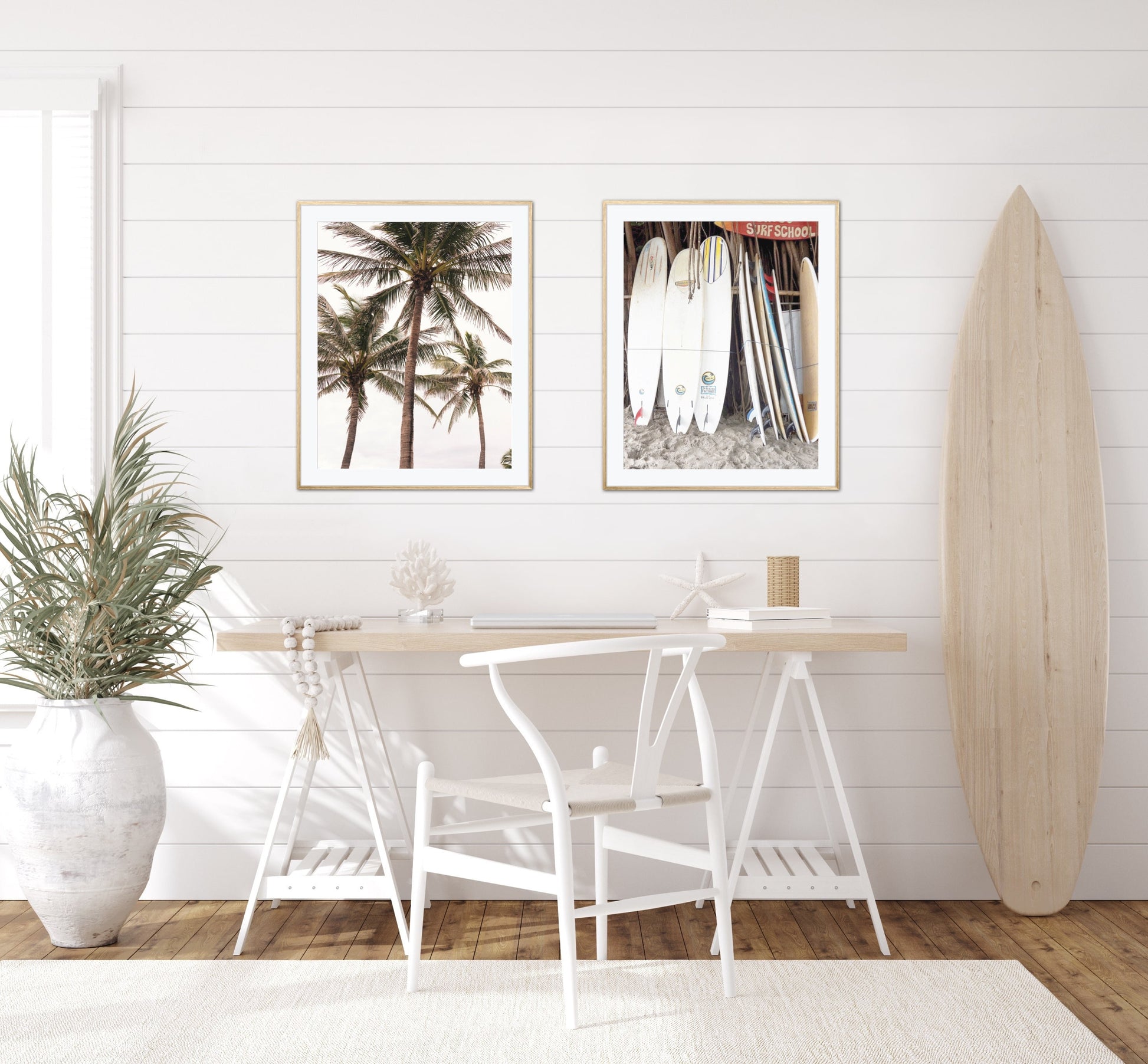 Set of three DIGITAL PRINTS, neutral beach print, palm tree print, surfboard print, surf printable, beach decor, coastal wall art set