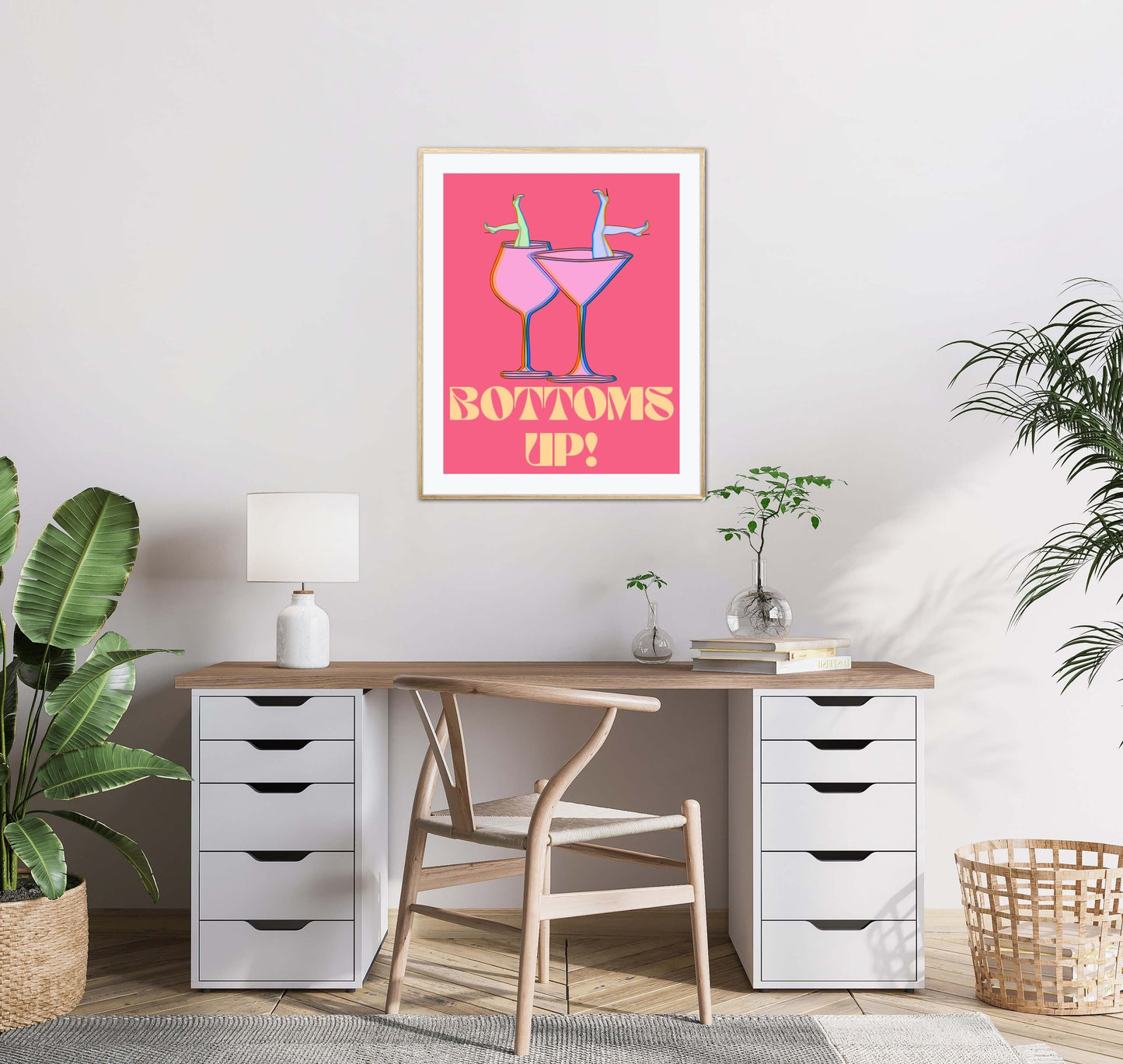 Pink Preppy Room Decor Trendy DIGITAL PRINT, College Dorm Posters, Colorful cocktail poster, Bar Cart Art, Bottoms up, Academia aesthetic