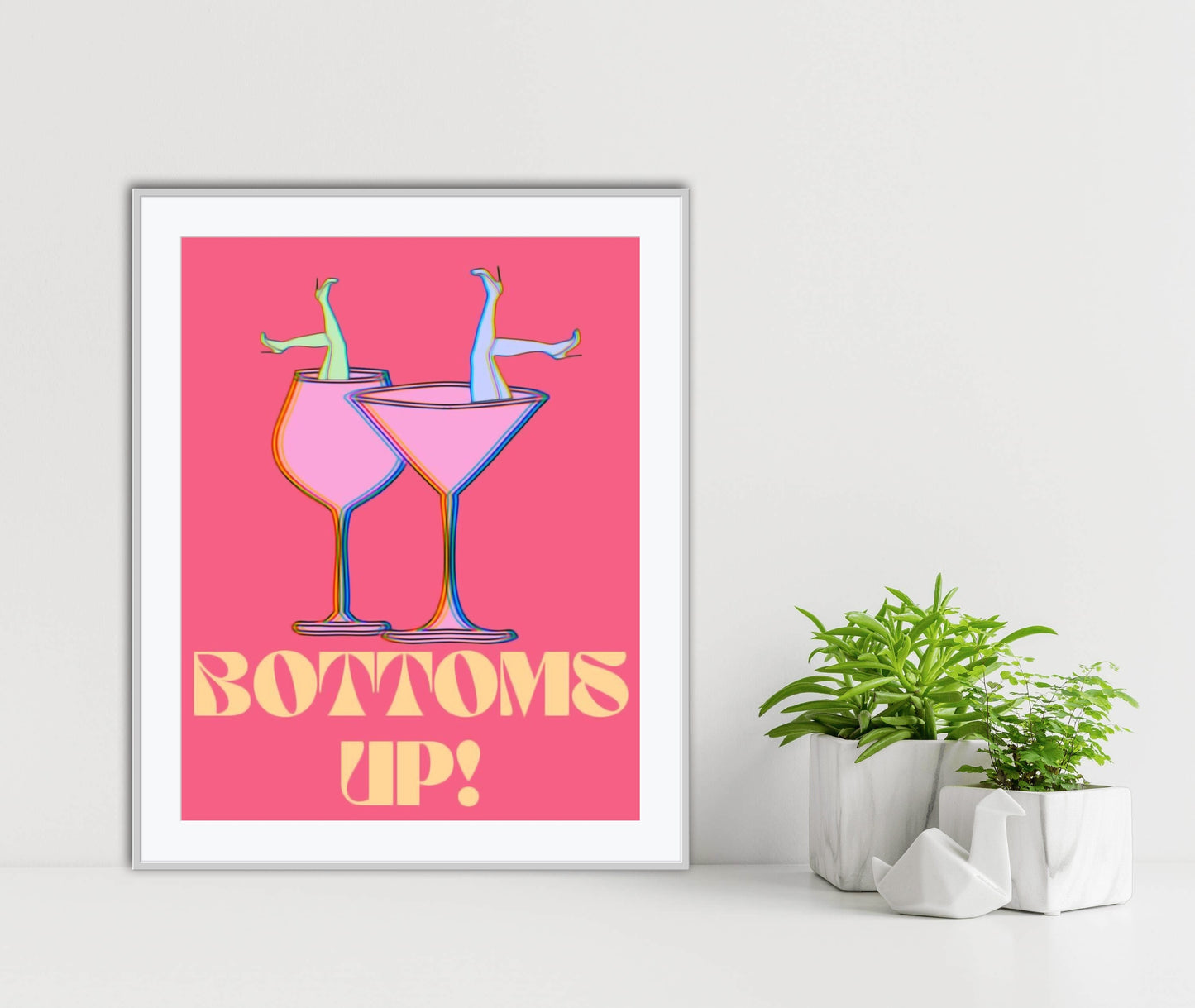 Pink Preppy Room Decor Trendy DIGITAL PRINT, College Dorm Posters, Colorful cocktail poster, Bar Cart Art, Bottoms up, Academia aesthetic