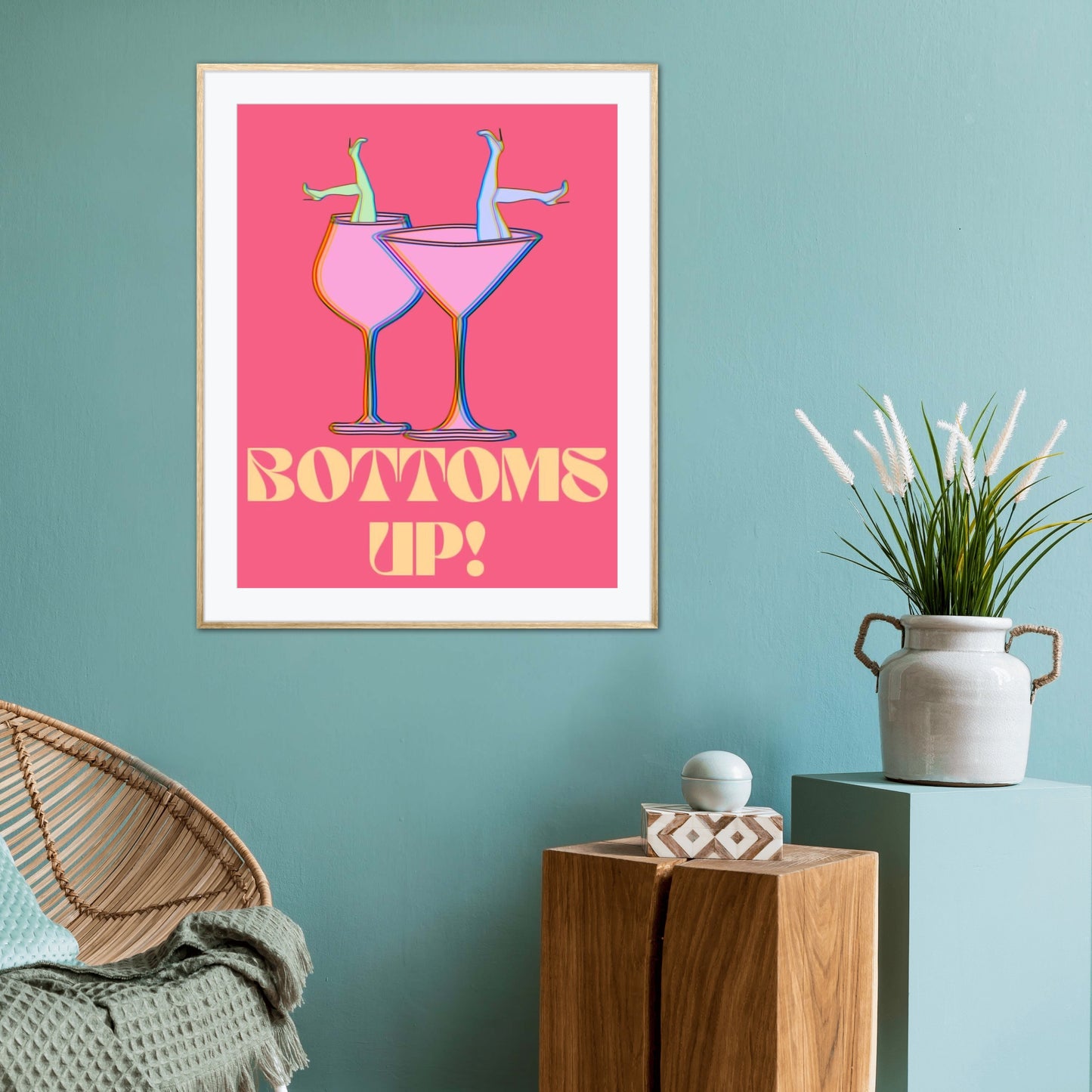 Pink Preppy Room Decor Trendy DIGITAL PRINT, College Dorm Posters, Colorful cocktail poster, Bar Cart Art, Bottoms up, Academia aesthetic