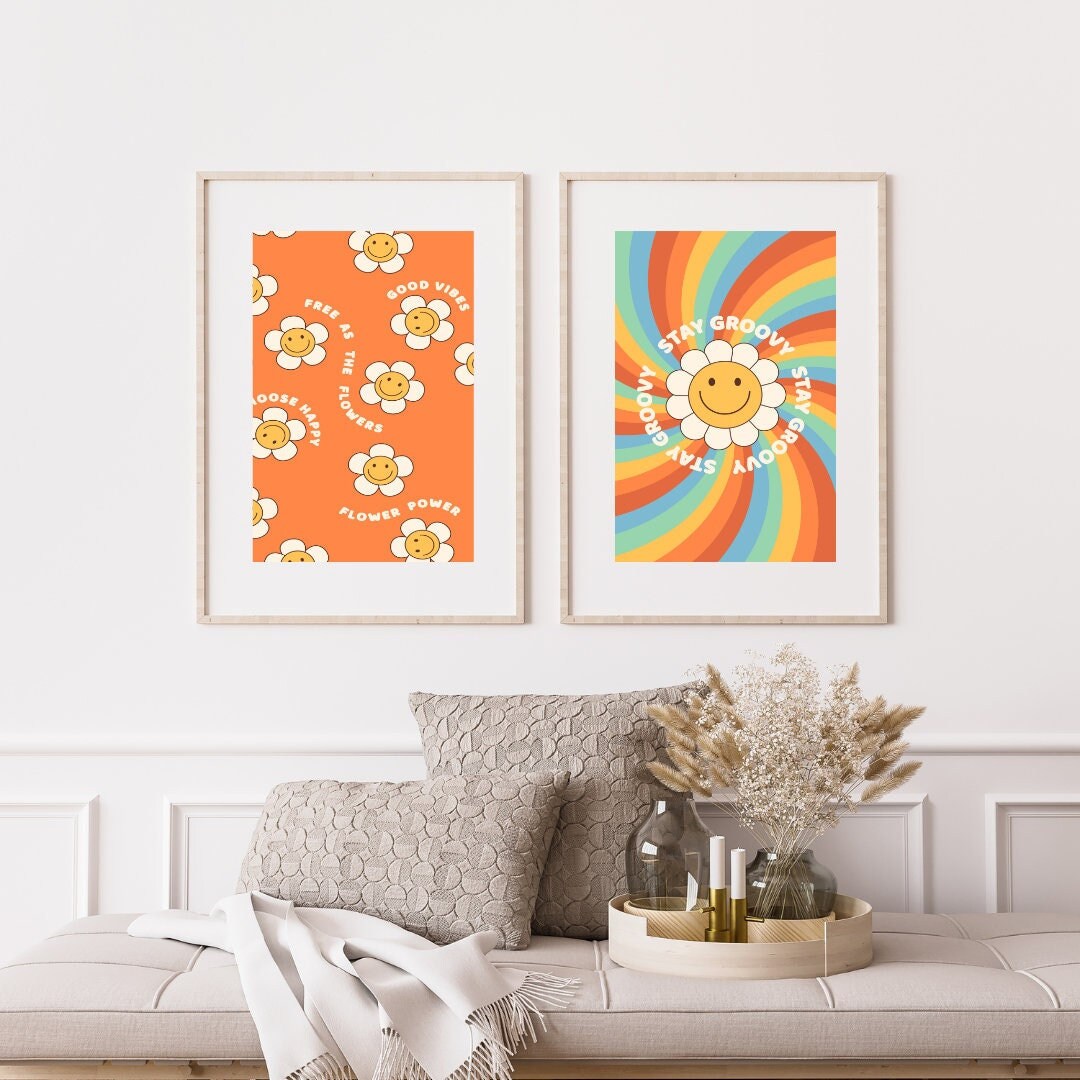 Hippie wall art flower power set of 2 DIGITAL PRINTS, Groovy home decor, vibrant wall art, Hippie prints, Good Vibes Choose Happy, Gift idea
