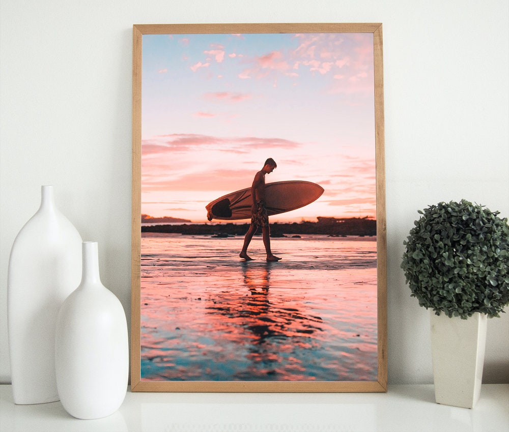 Set of 3 surfer DIGITAL PRINTS, Sunset art, surfboard wall art, vintage van print, ocean theme, coastal wall decor, surfer gift